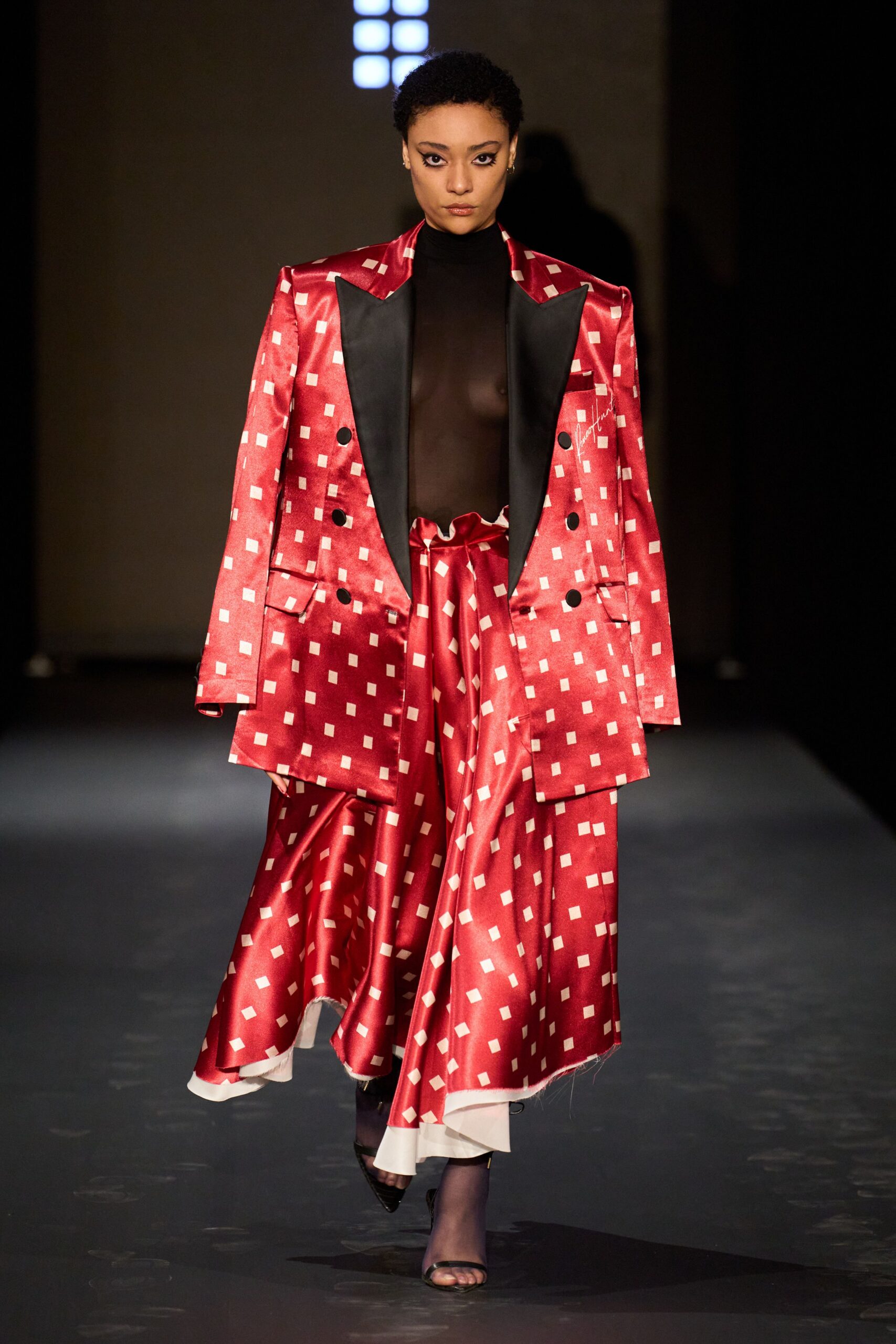 red satin long-sleeve collared structured buttoned color-blocked blazer