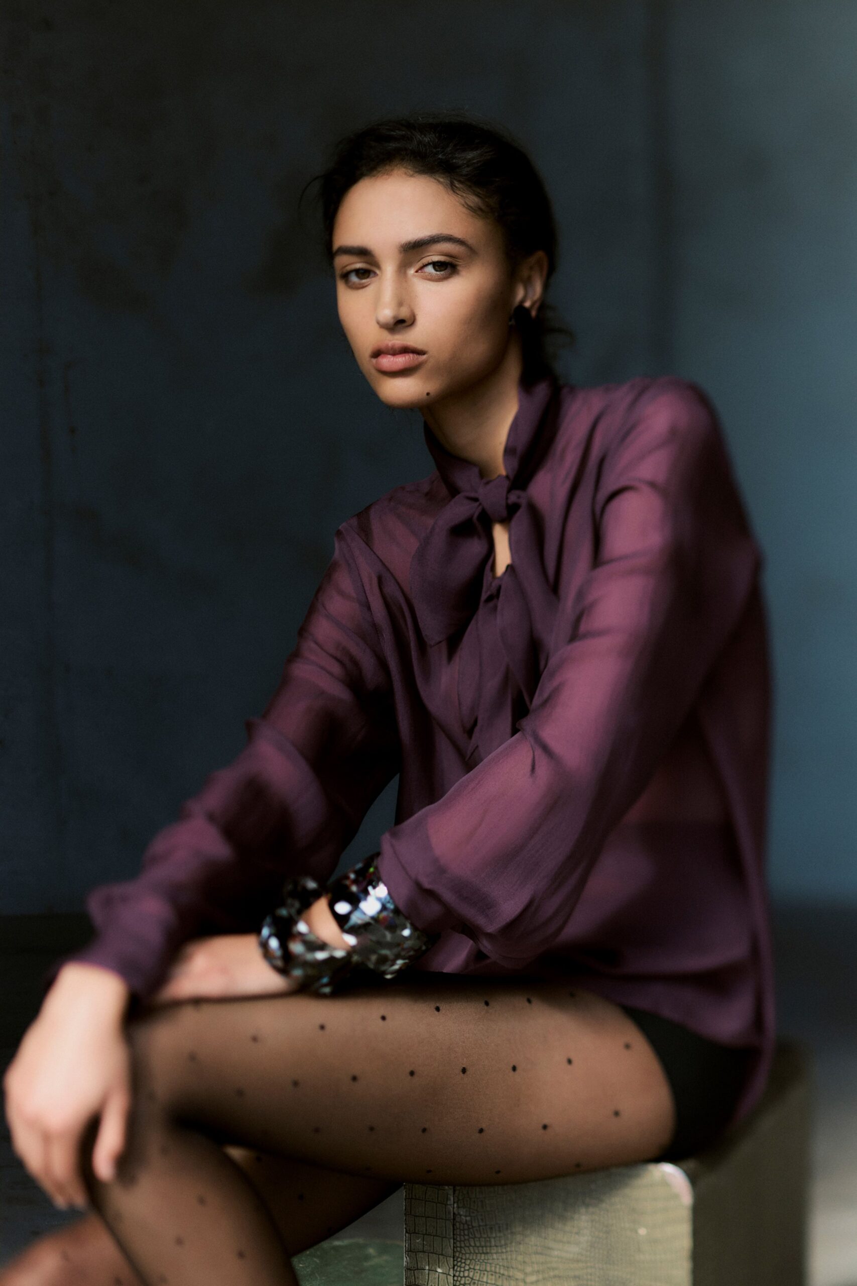 purple silk long-sleeve collared relaxed pleated sheer blouse