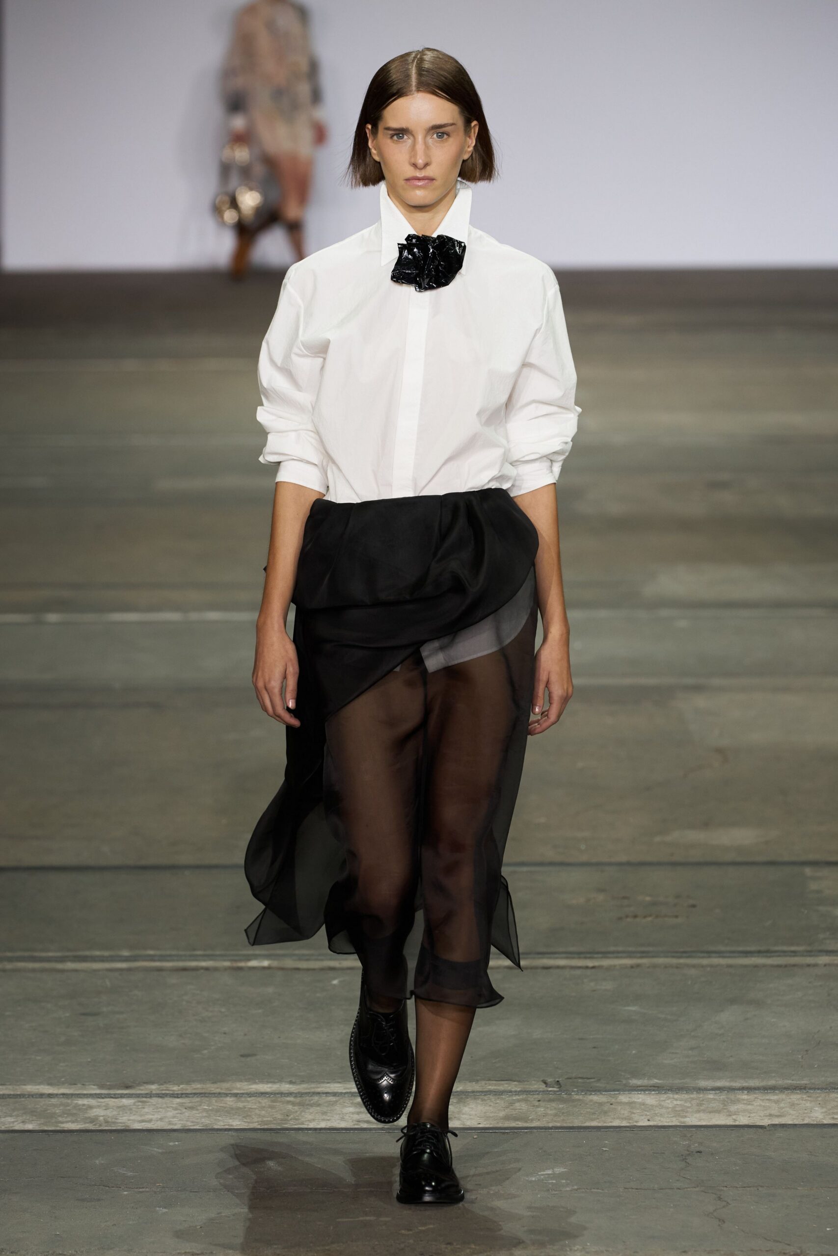white shirt black sheer skirt