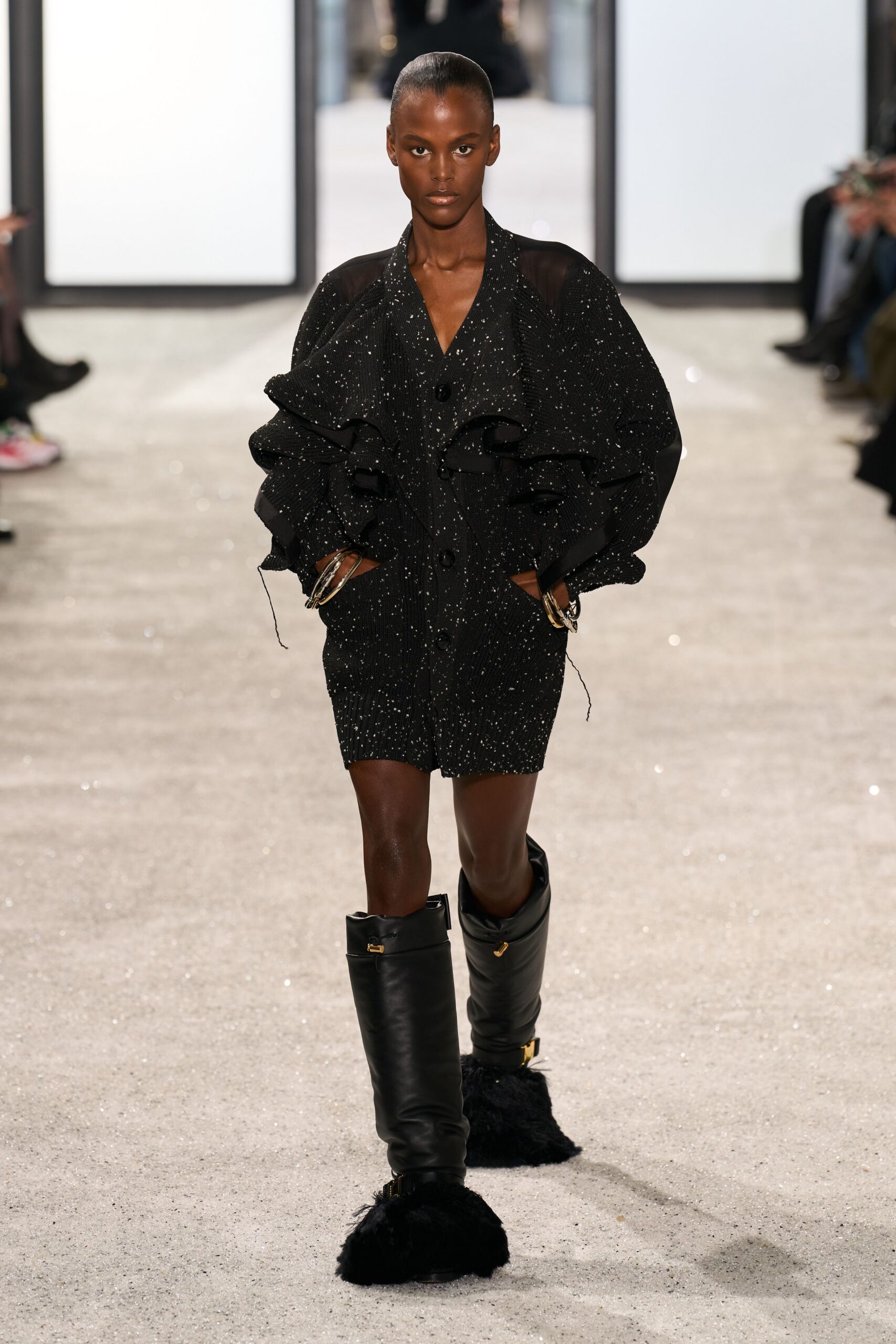 black sequined mini dress with boots