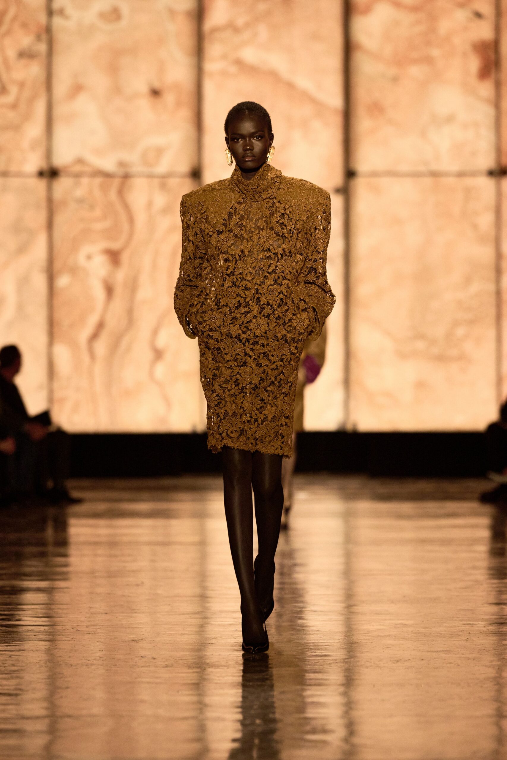 gold lace long-sleeve collared fitted structured embroidered dress
