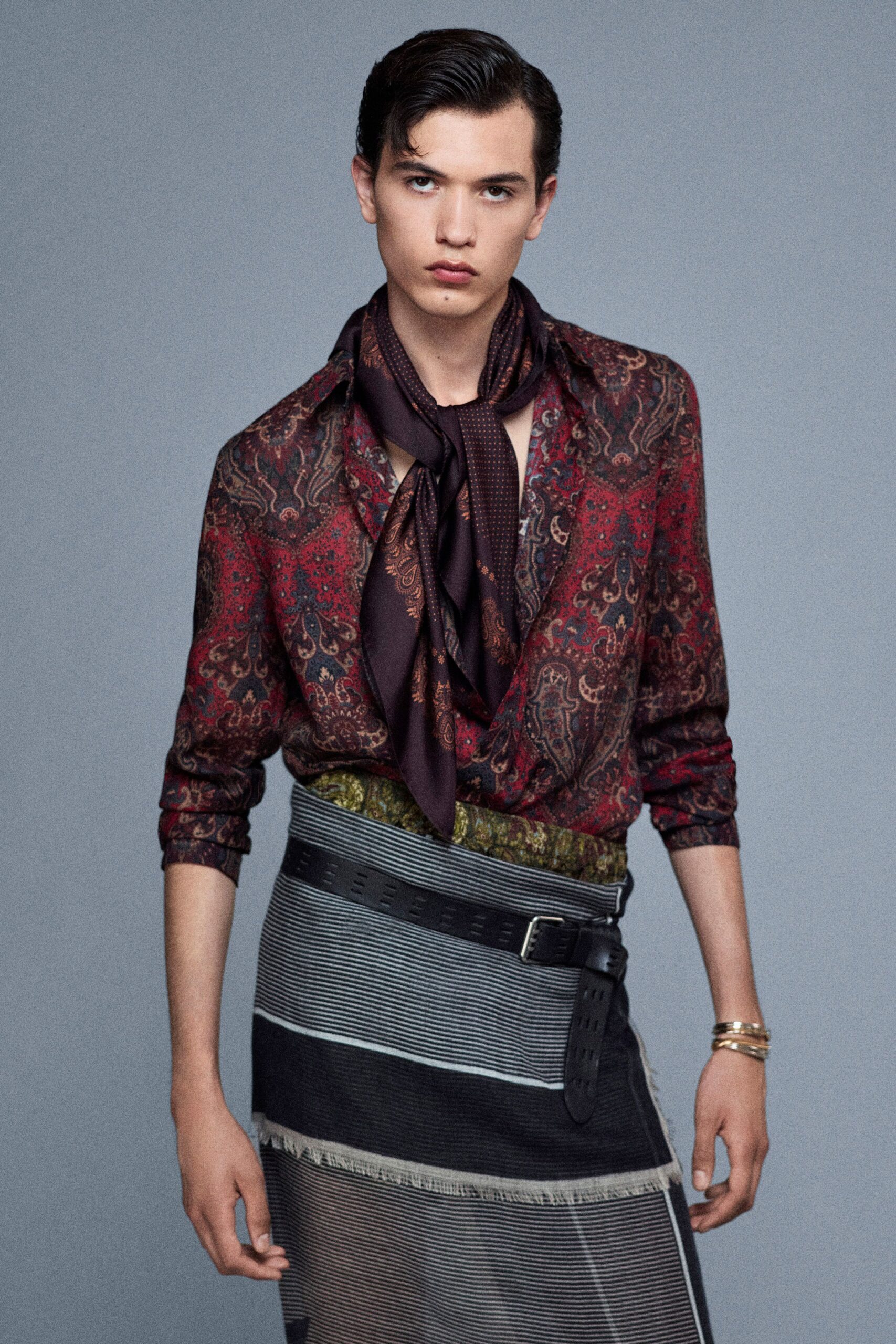 red silk long-sleeve collared relaxed printed shirt