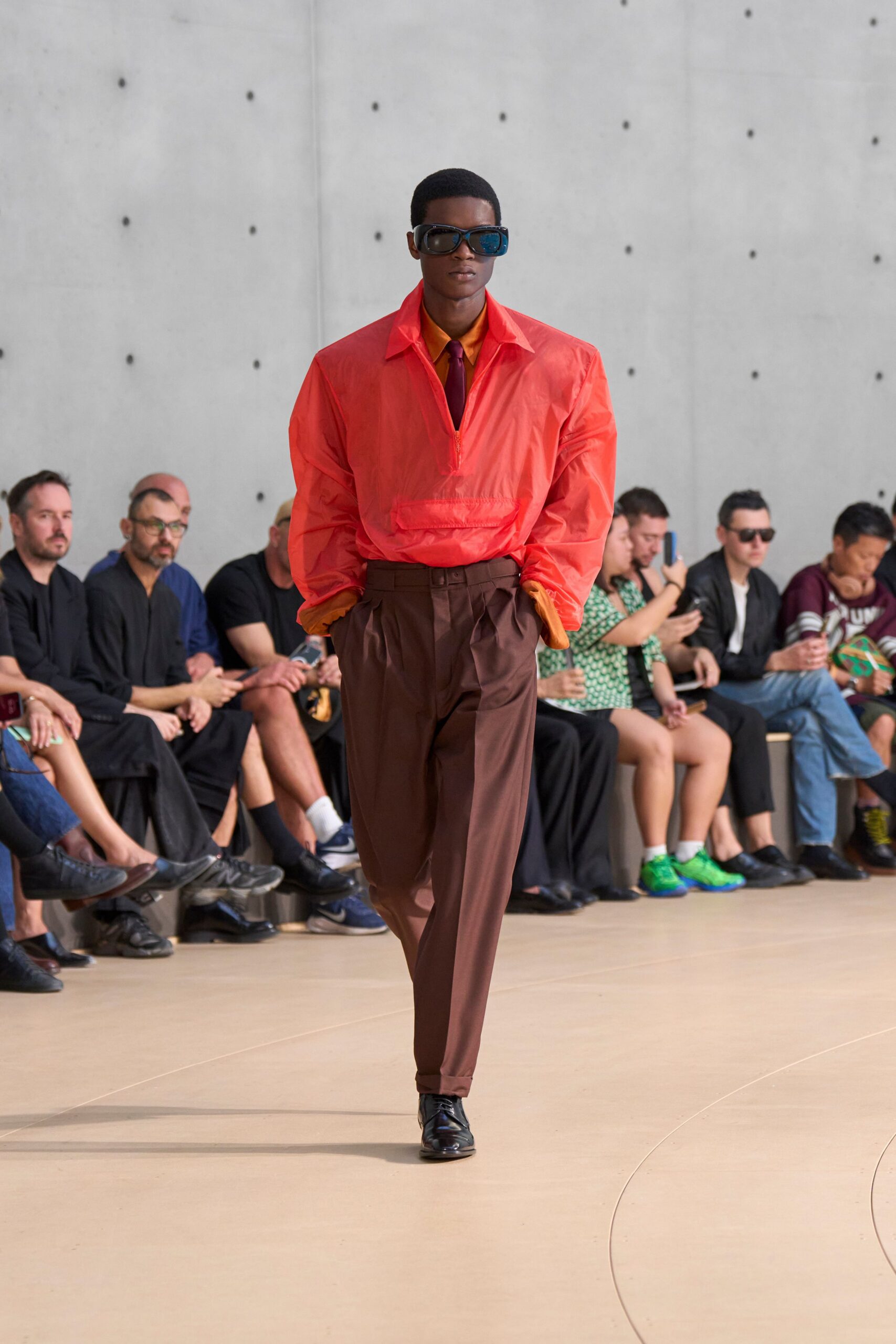 orange vinyl long-sleeve collared oversized shiny shirt