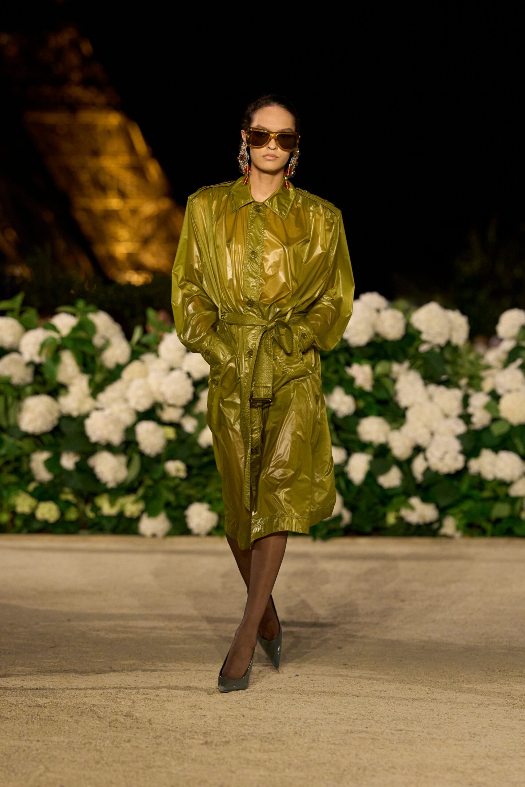 green vinyl long-sleeve collared relaxed belted midi coat