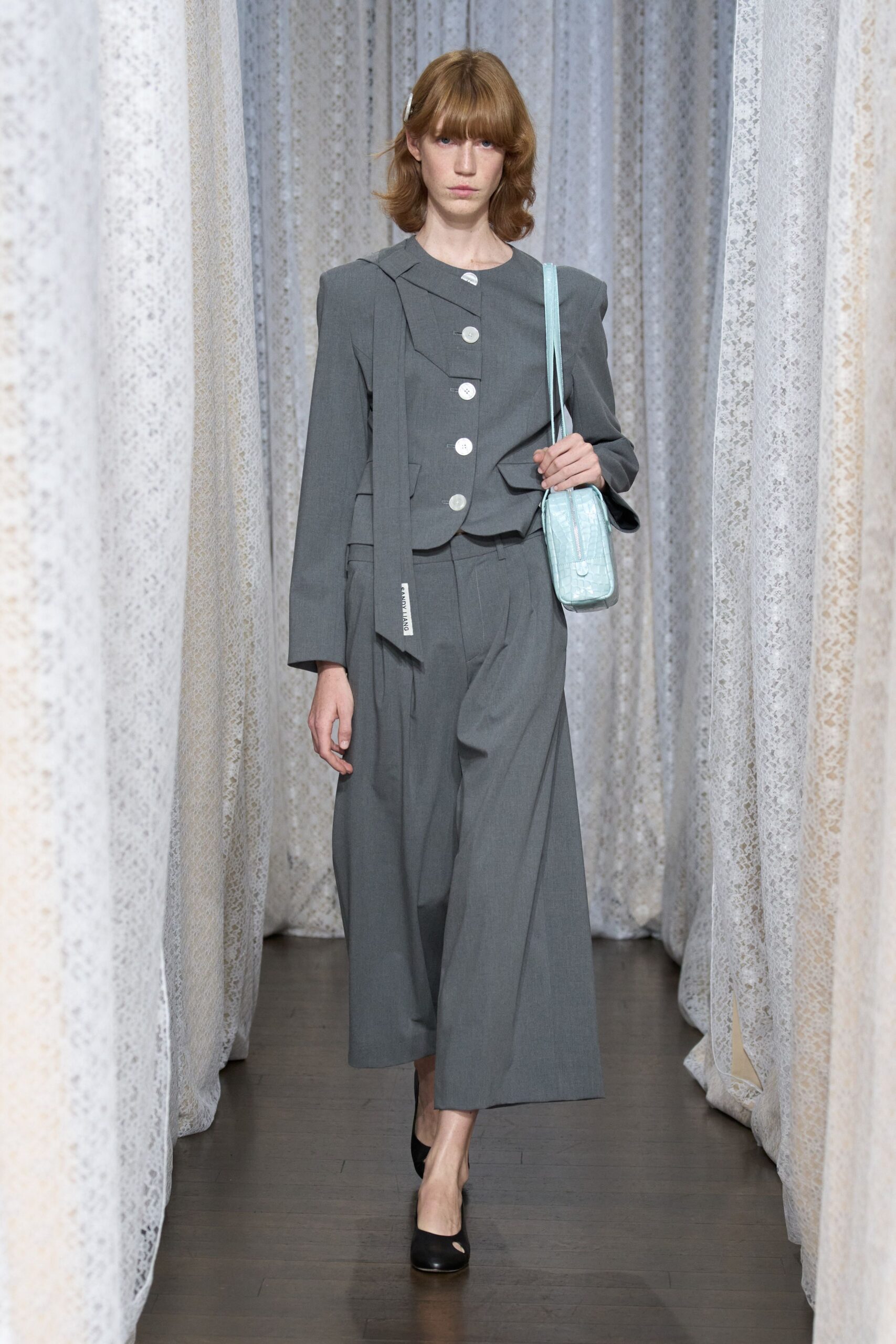 gray wool long-sleeve collared tailored buttoned wide-leg suit