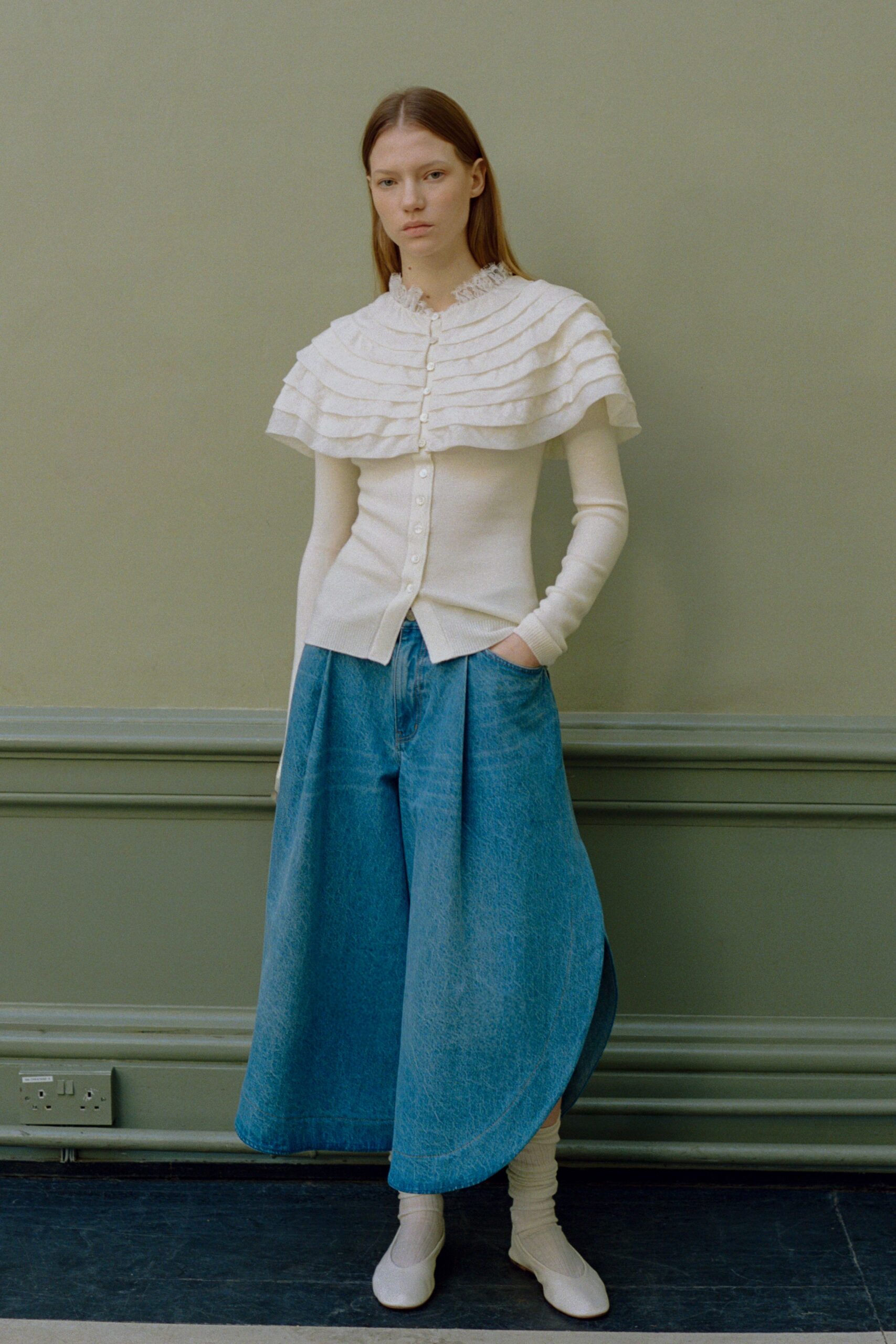 white cotton long-sleeve collared fitted ruffled top