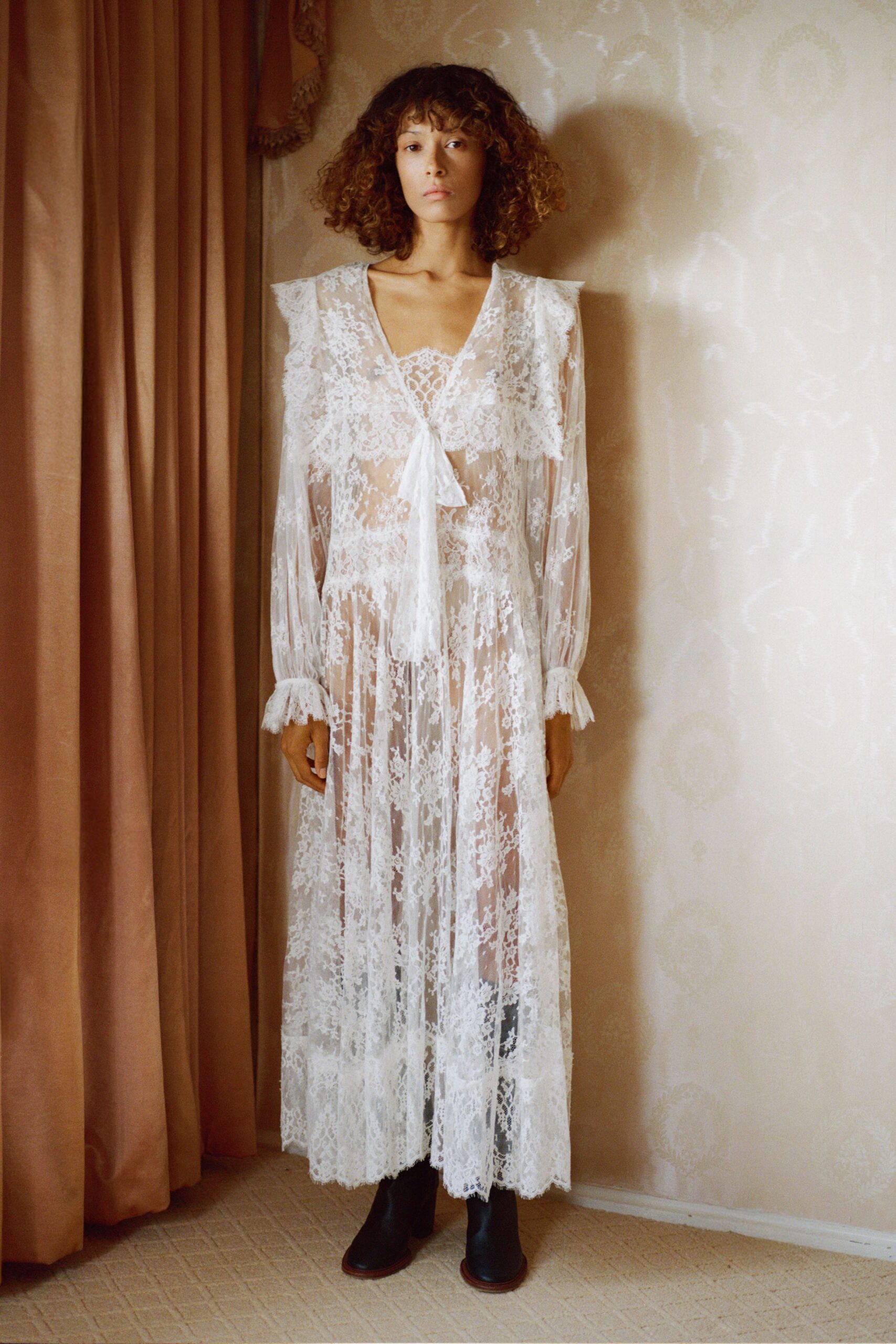 white lace long-sleeve v-neck fitted tiered ruffled dress