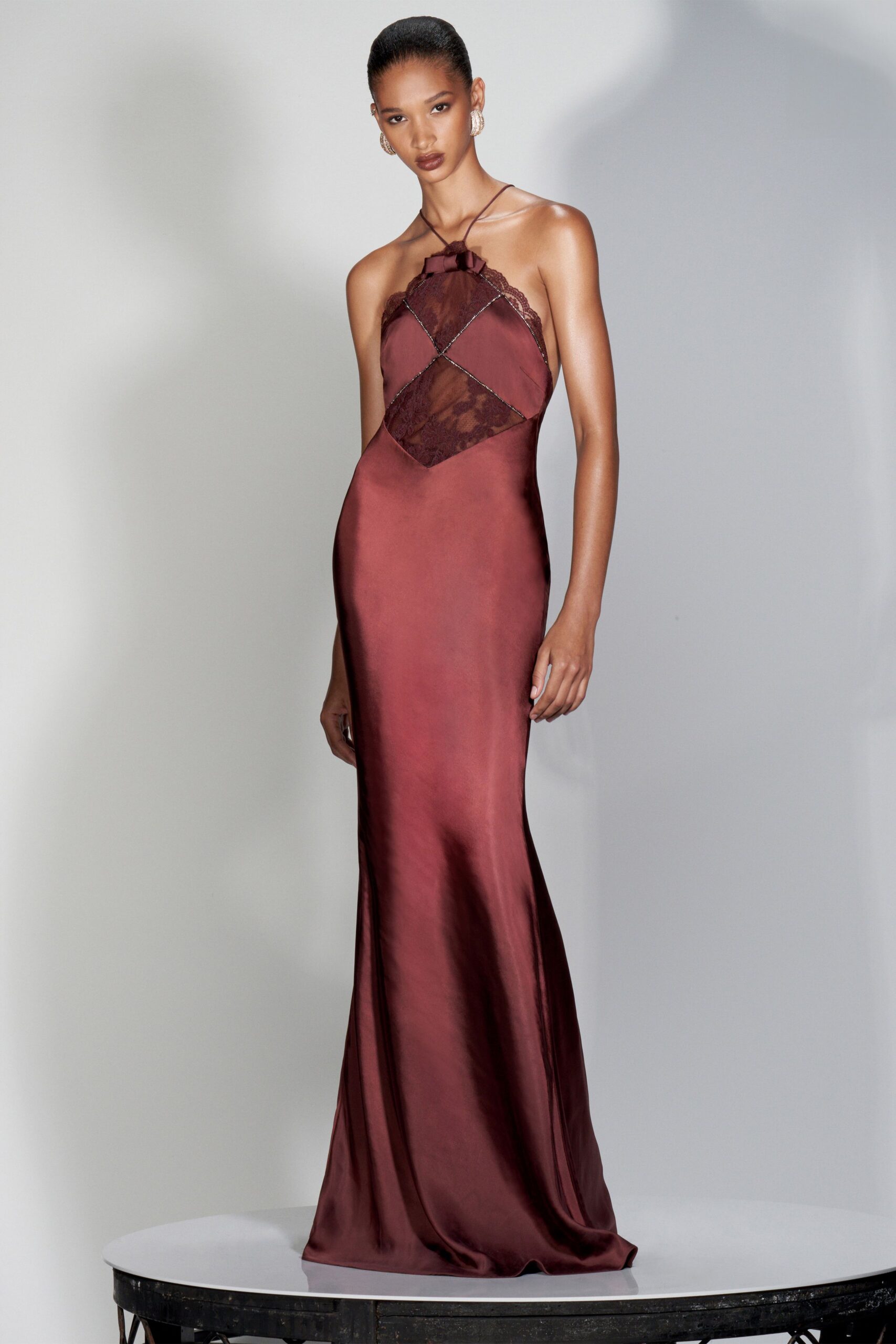 red brown silk fitted gown