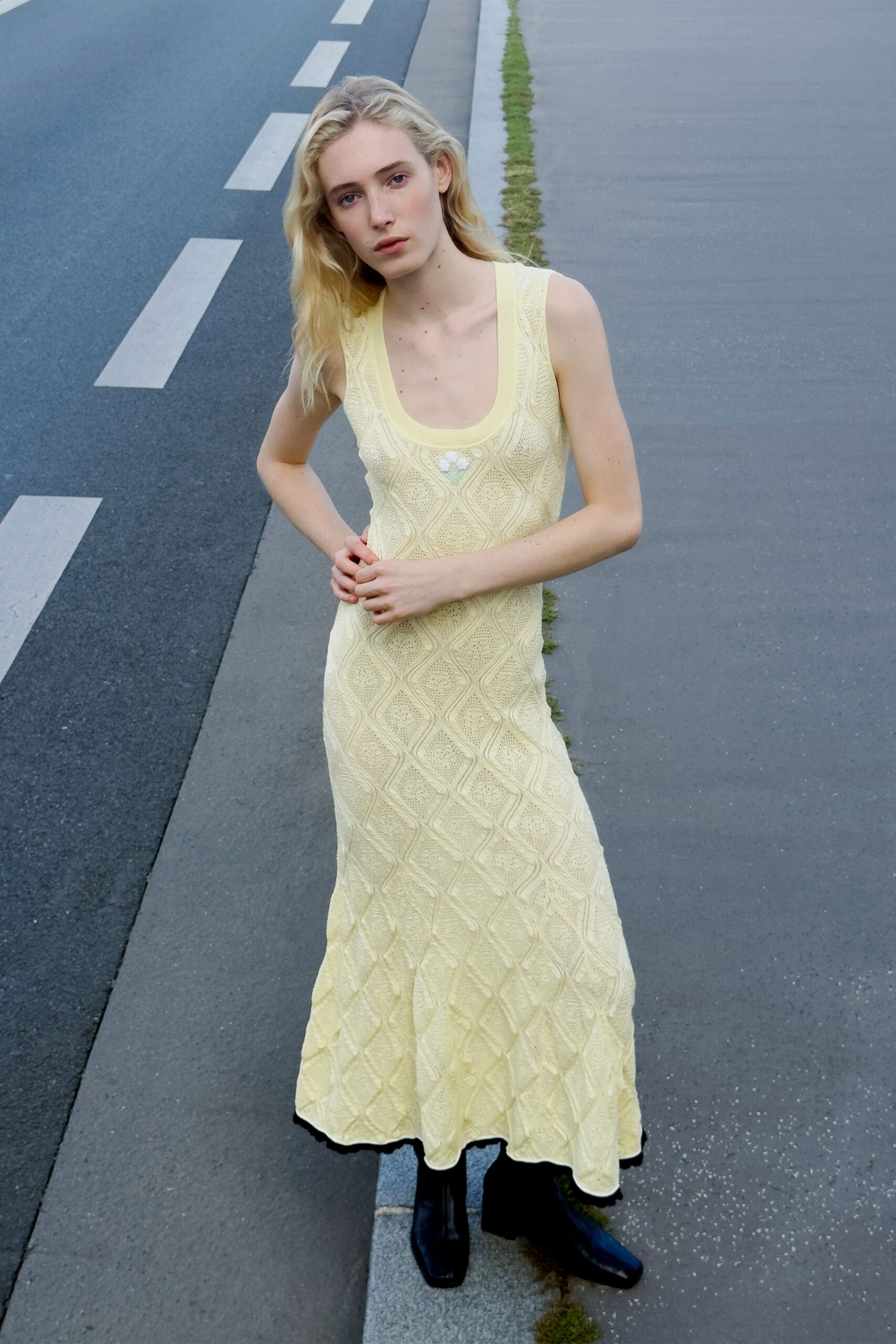 yellow cotton sleeveless scoop-neck fitted flared maxi dress