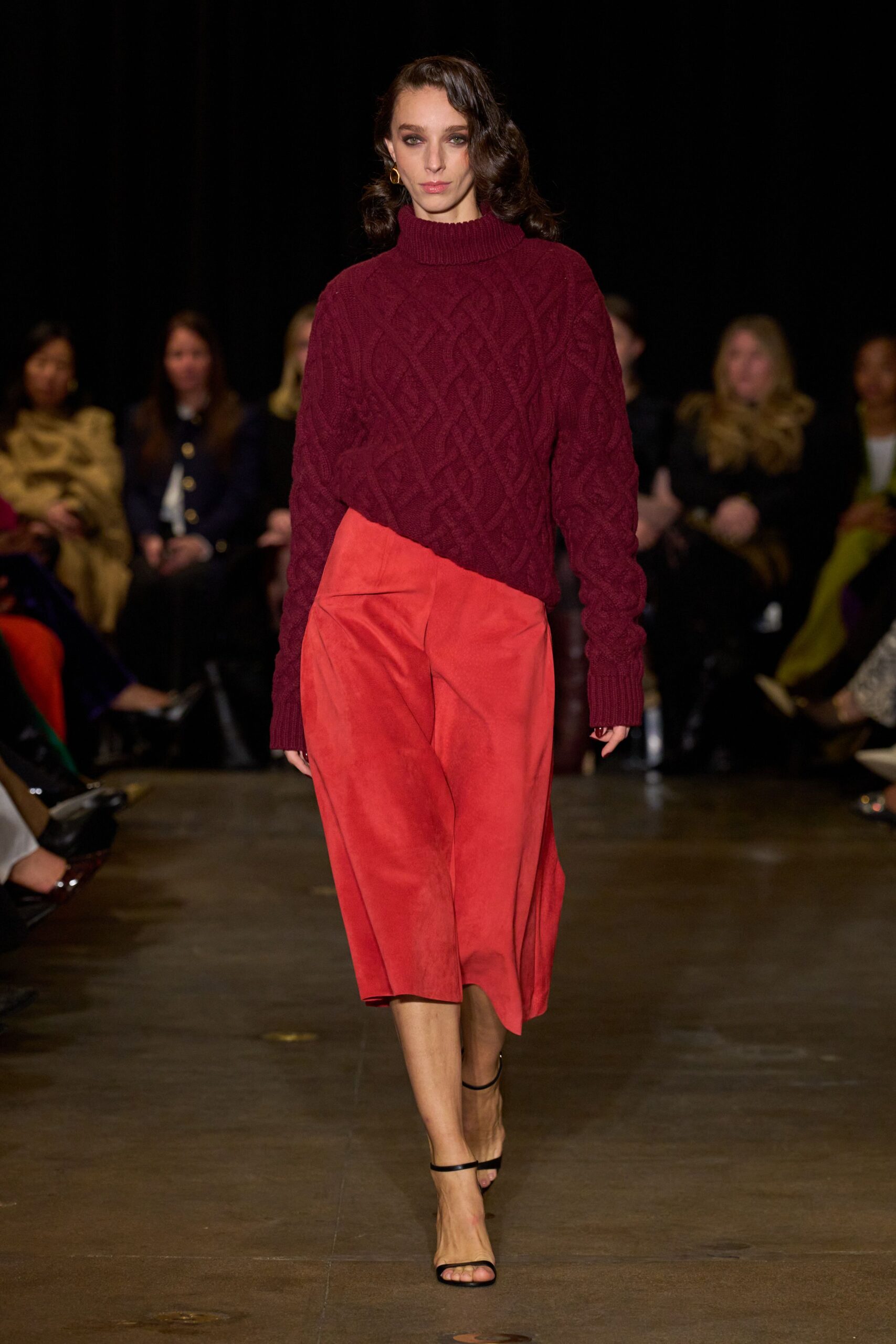 orange suede asymmetric relaxed pleated midi skirt