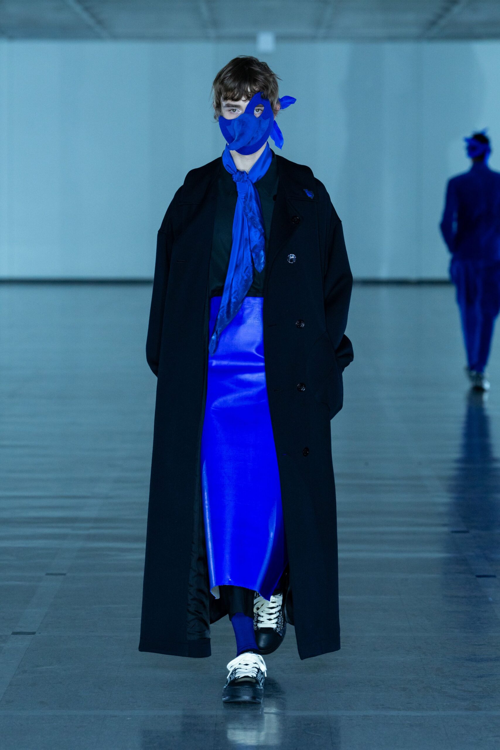 black coat blue midi skirt