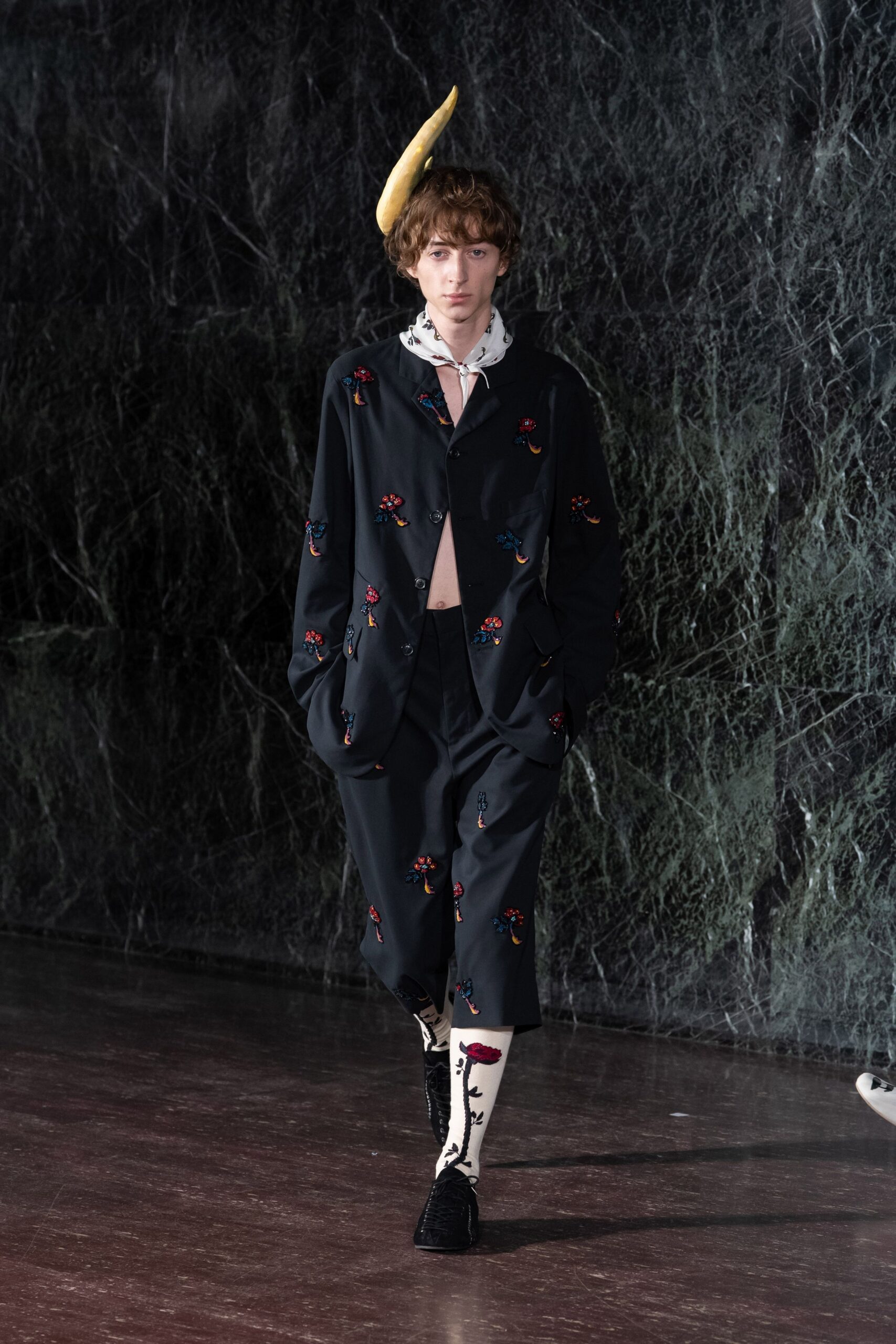 black embroidered jacket and pants