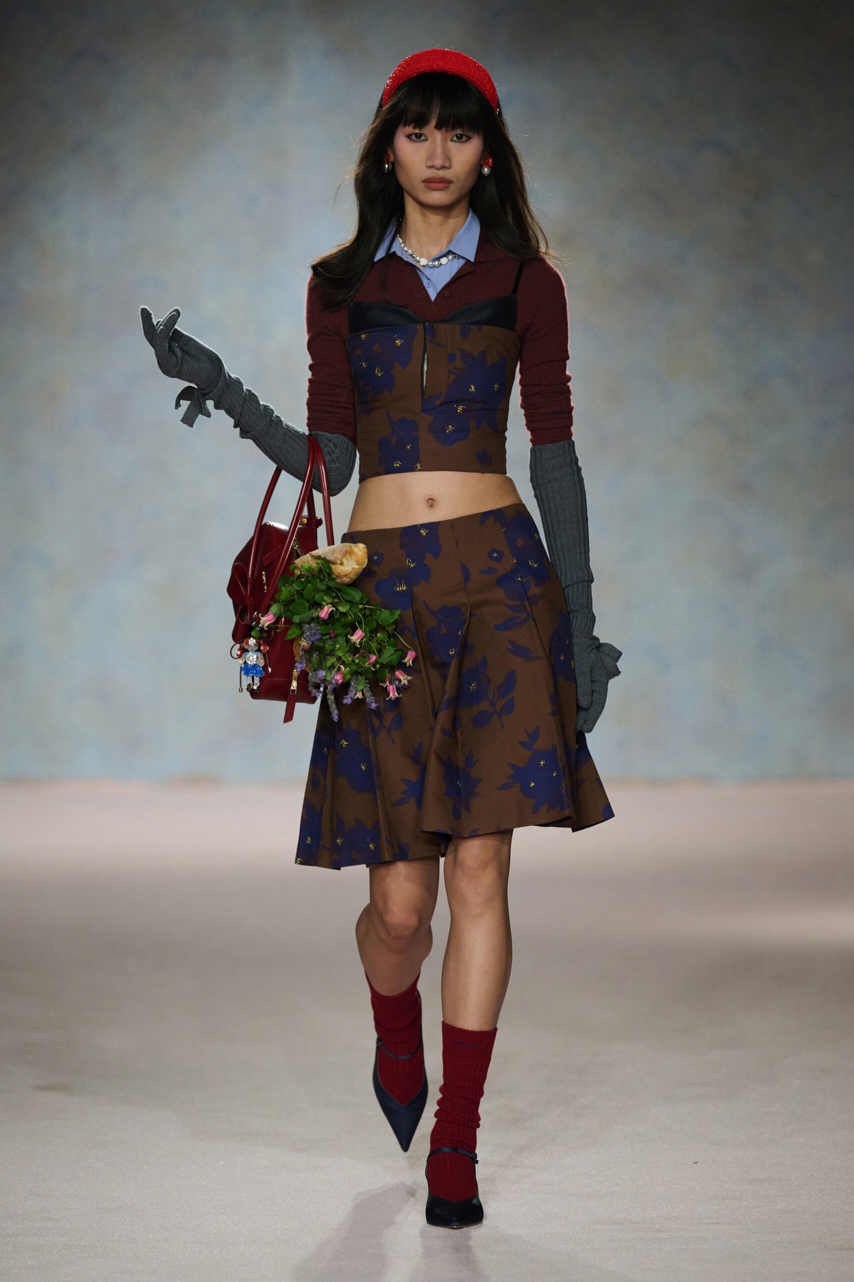 brown cotton fitted flared mini skirt