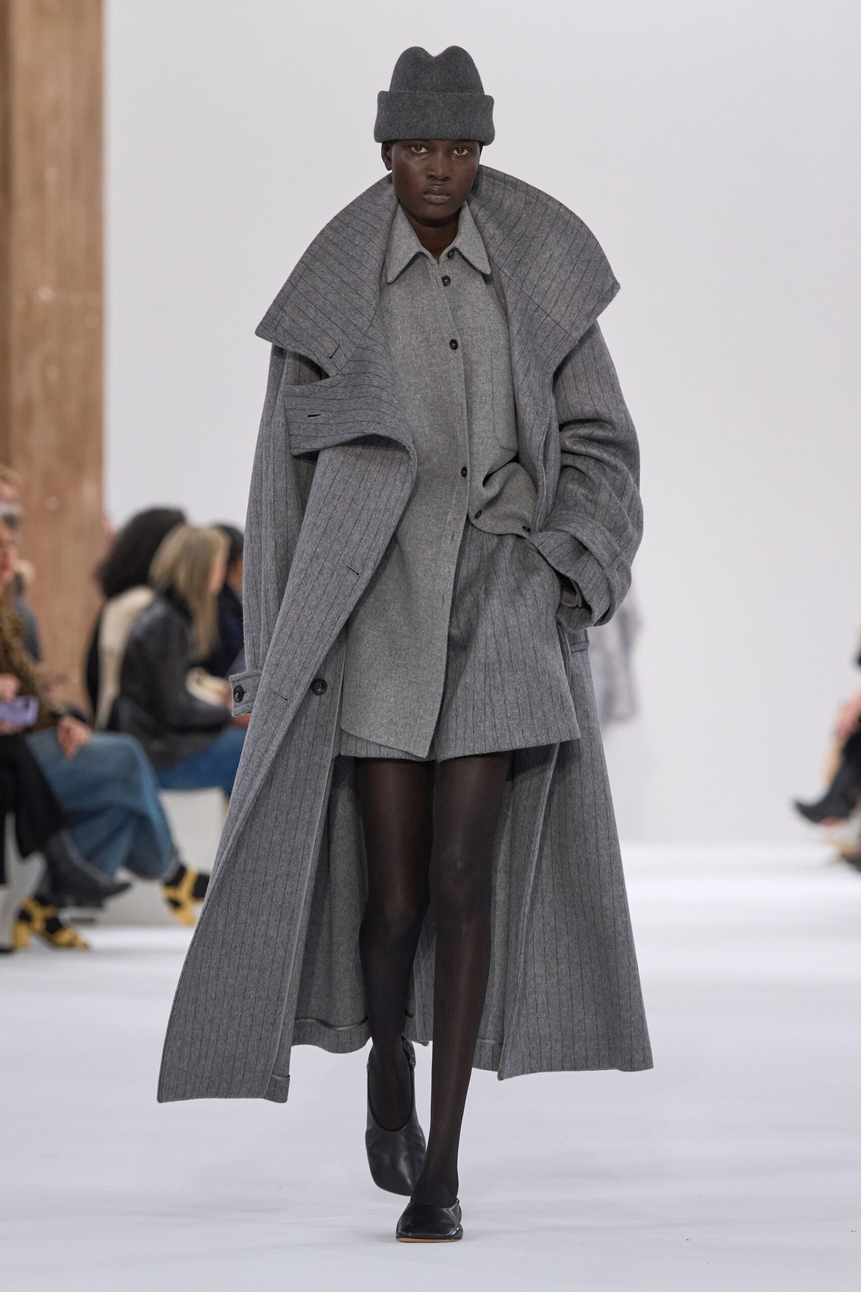 gray wool long-sleeve collared fitted straight-leg mini shirt-dress