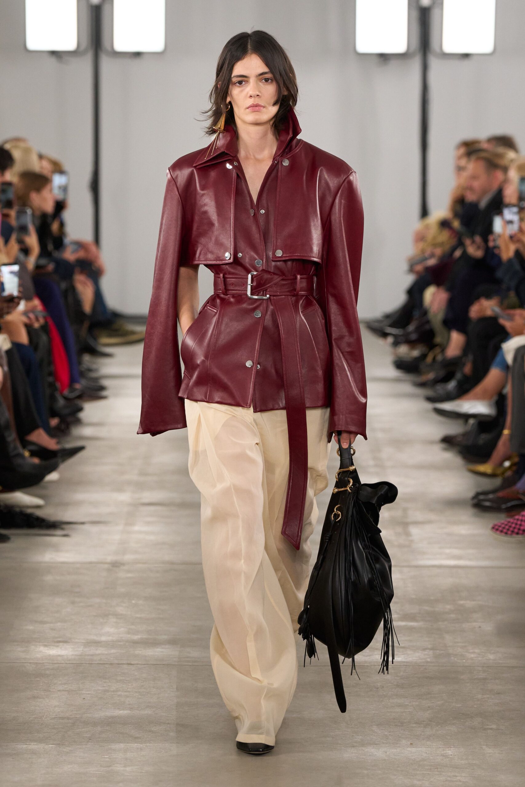 red leather long-sleeve collared fitted belted jacket