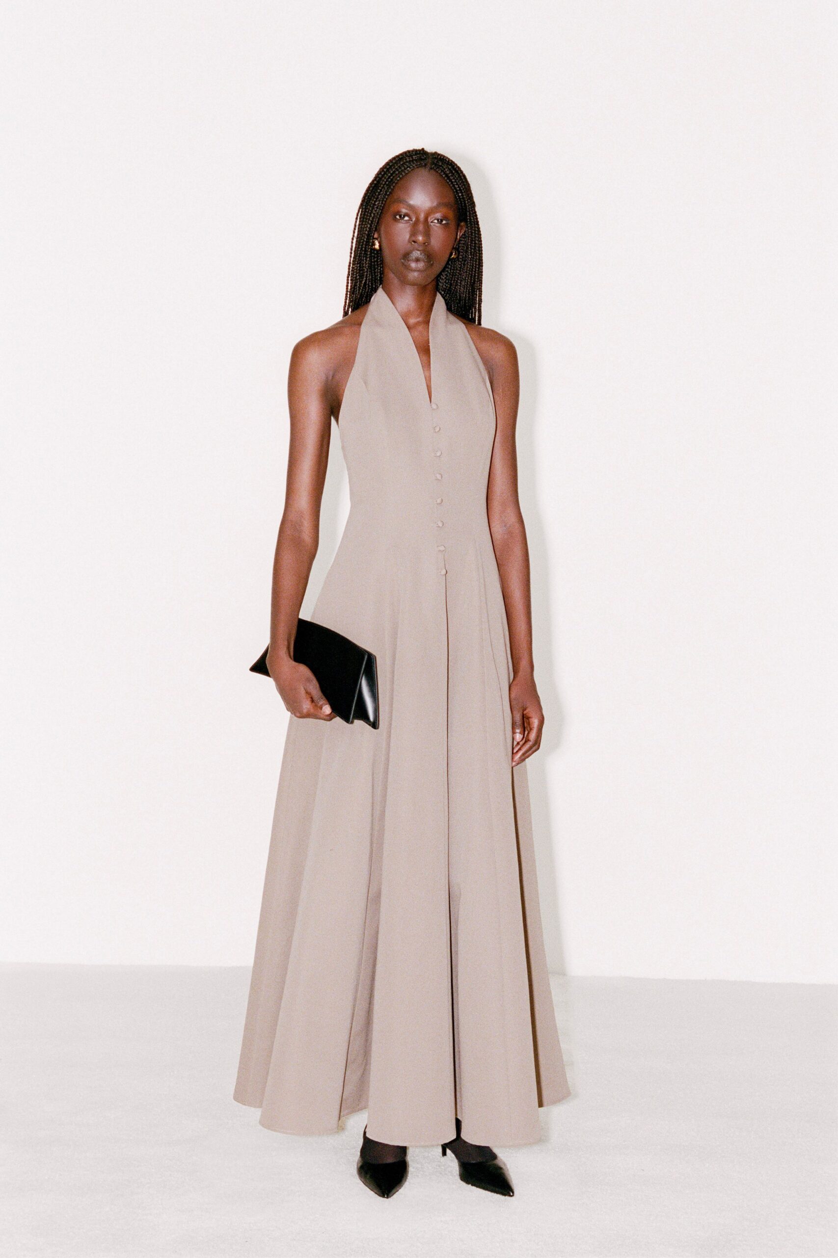 beige silk sleeveless gown