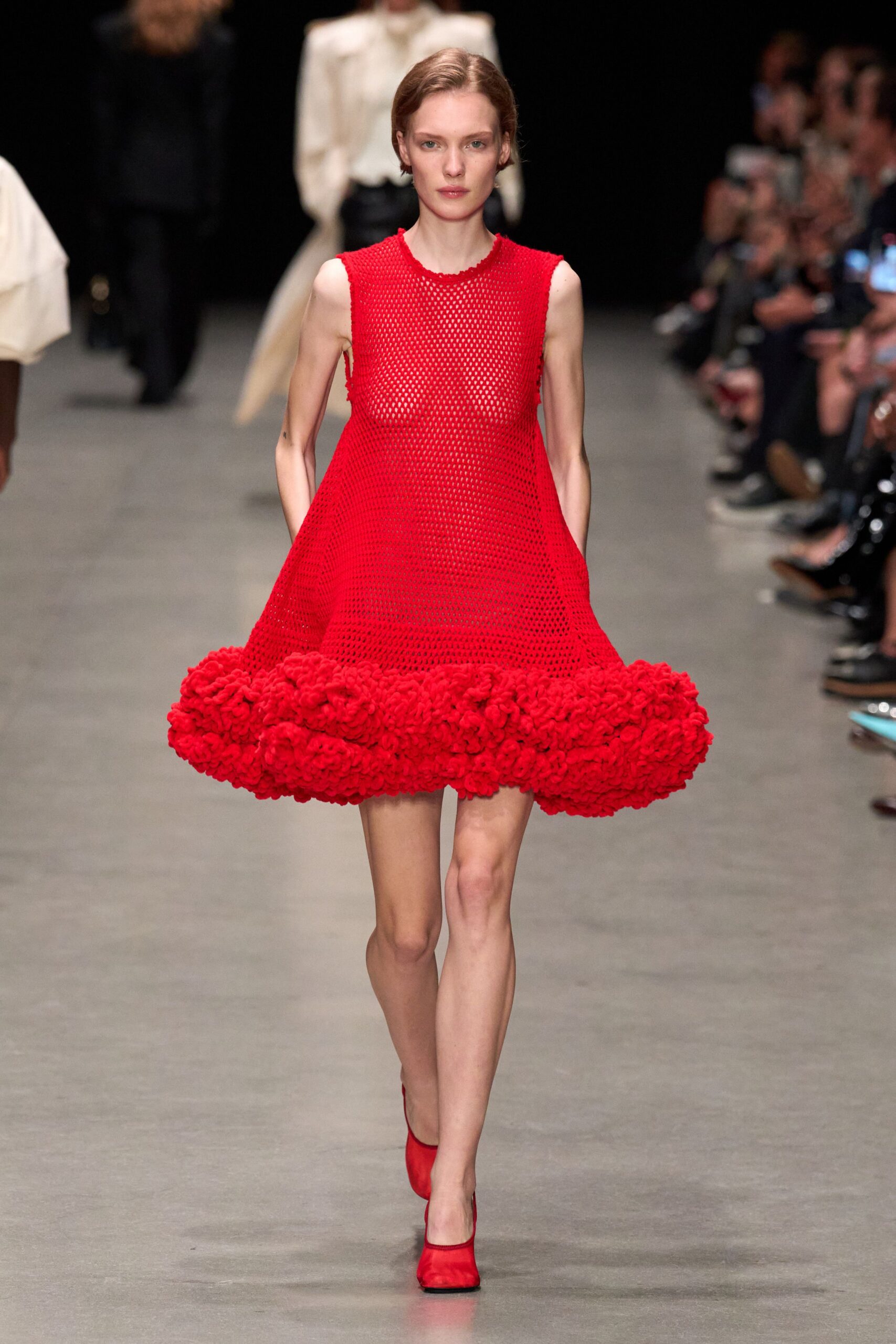 red cotton sleeveless high-neck fitted pleated layered dress