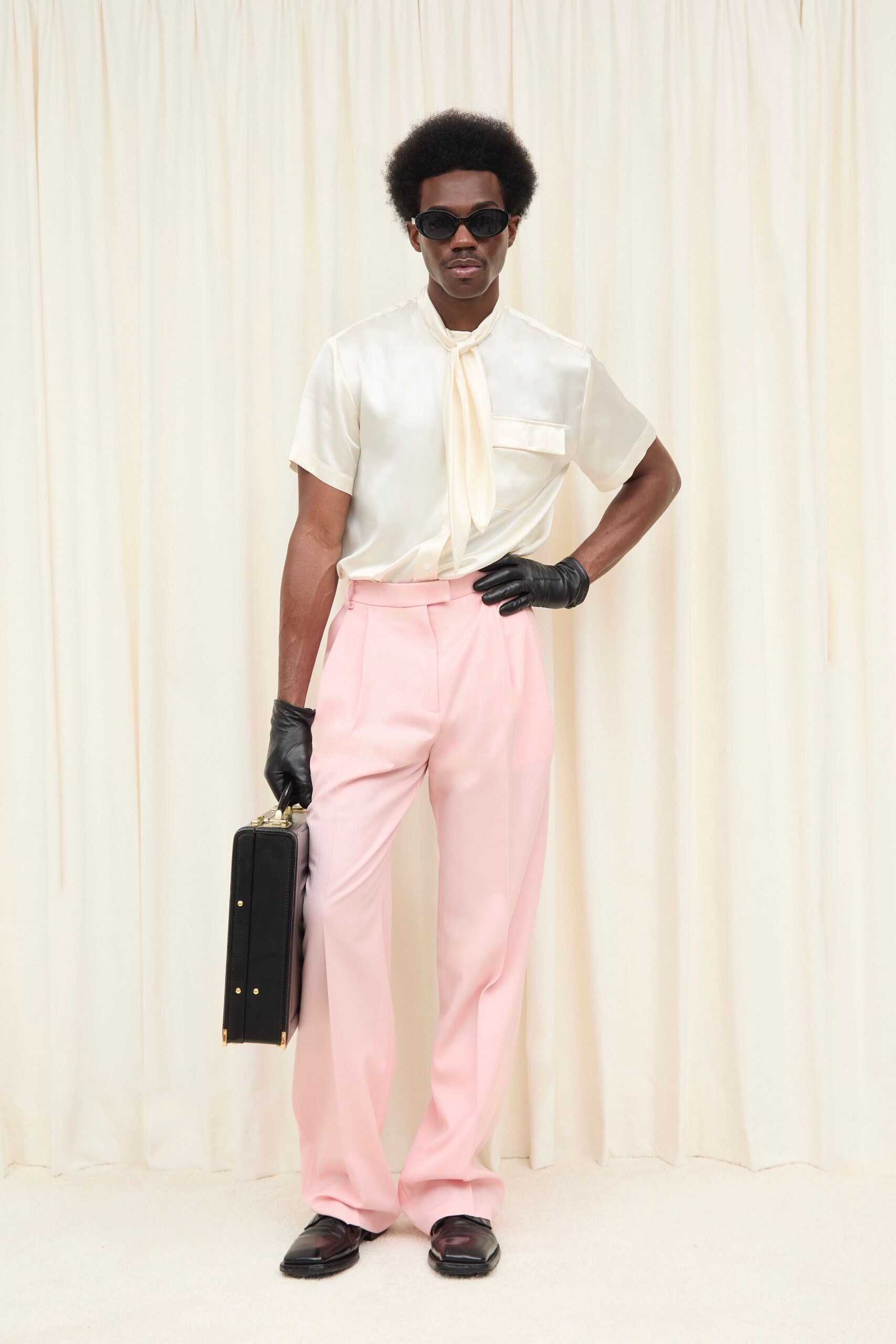 pink cotton tailored straight-leg pants