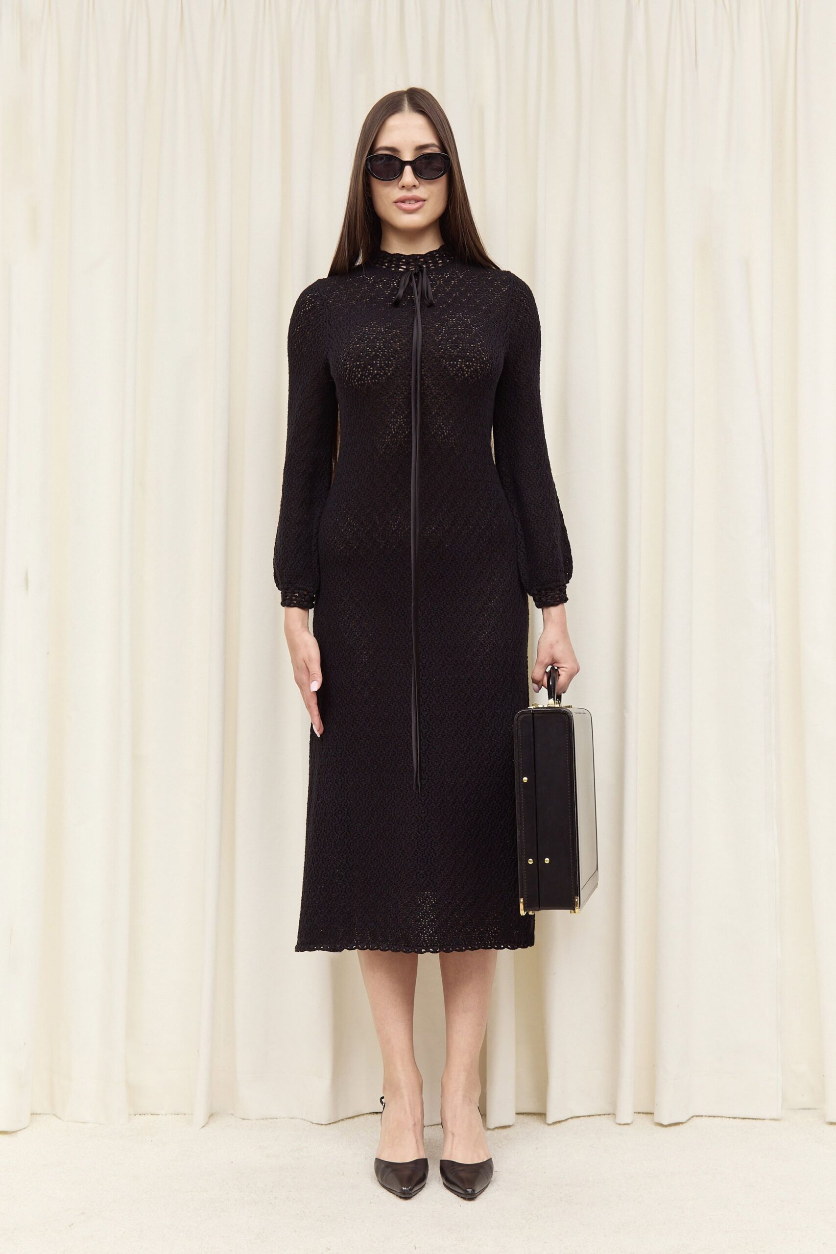 black lace long-sleeve high-neck fitted textured midi dress