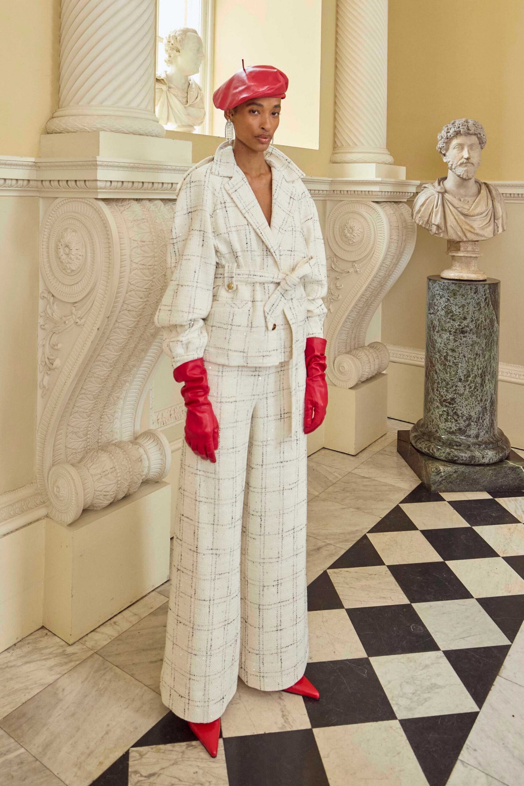 white cotton long-sleeve collared structured checked buttoned blazer