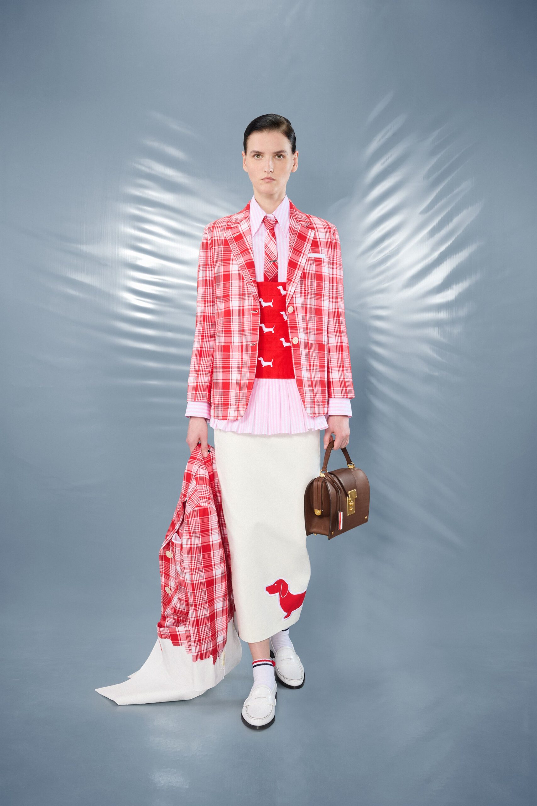 red long-sleeve collared tailored checked blazer