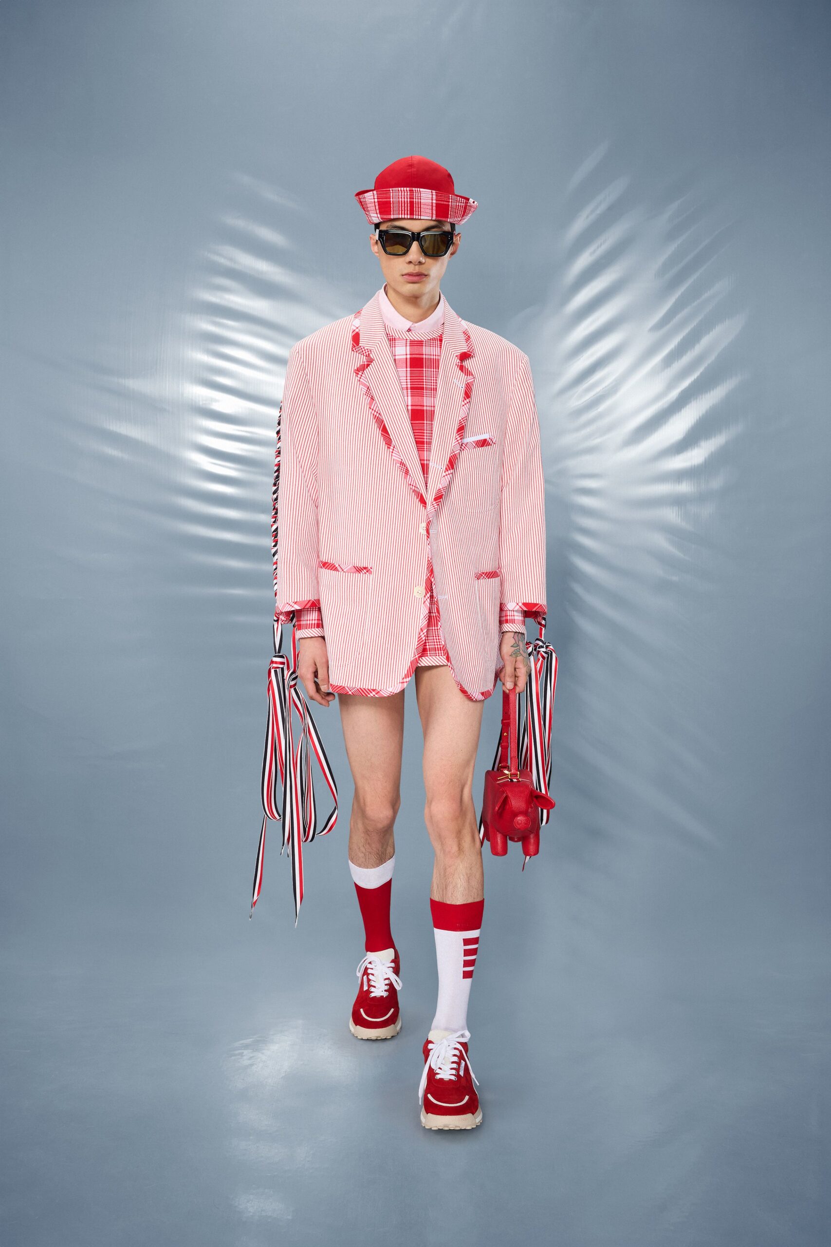 red cotton long-sleeve collared tailored striped buttoned blazer
