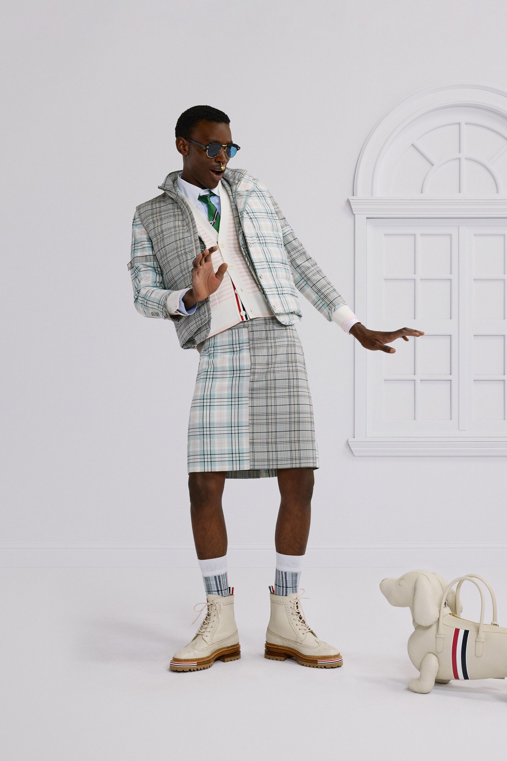 checked jacket and skirt ensemble