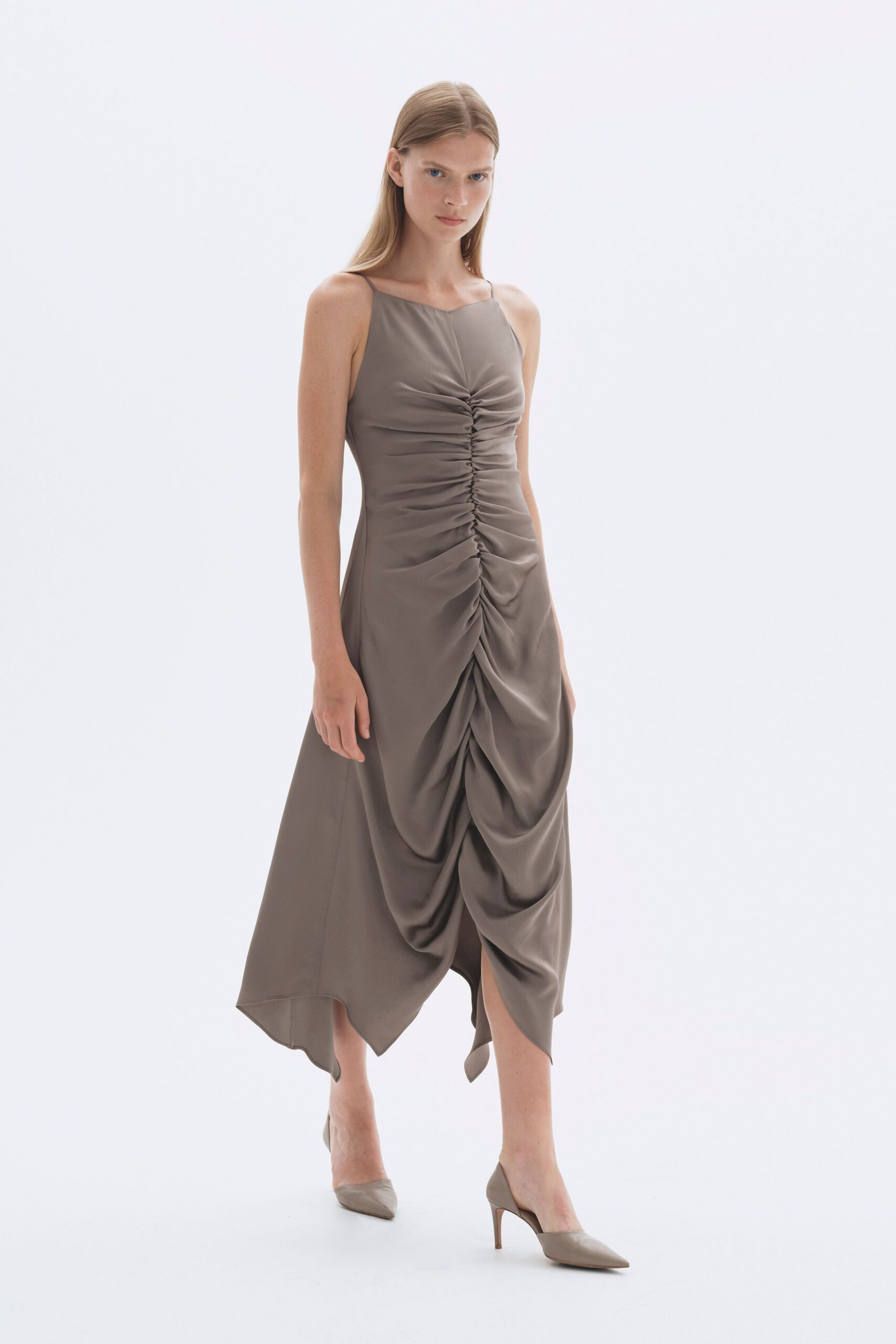 beige silk sleeveless square-neck fitted ruched draped dress