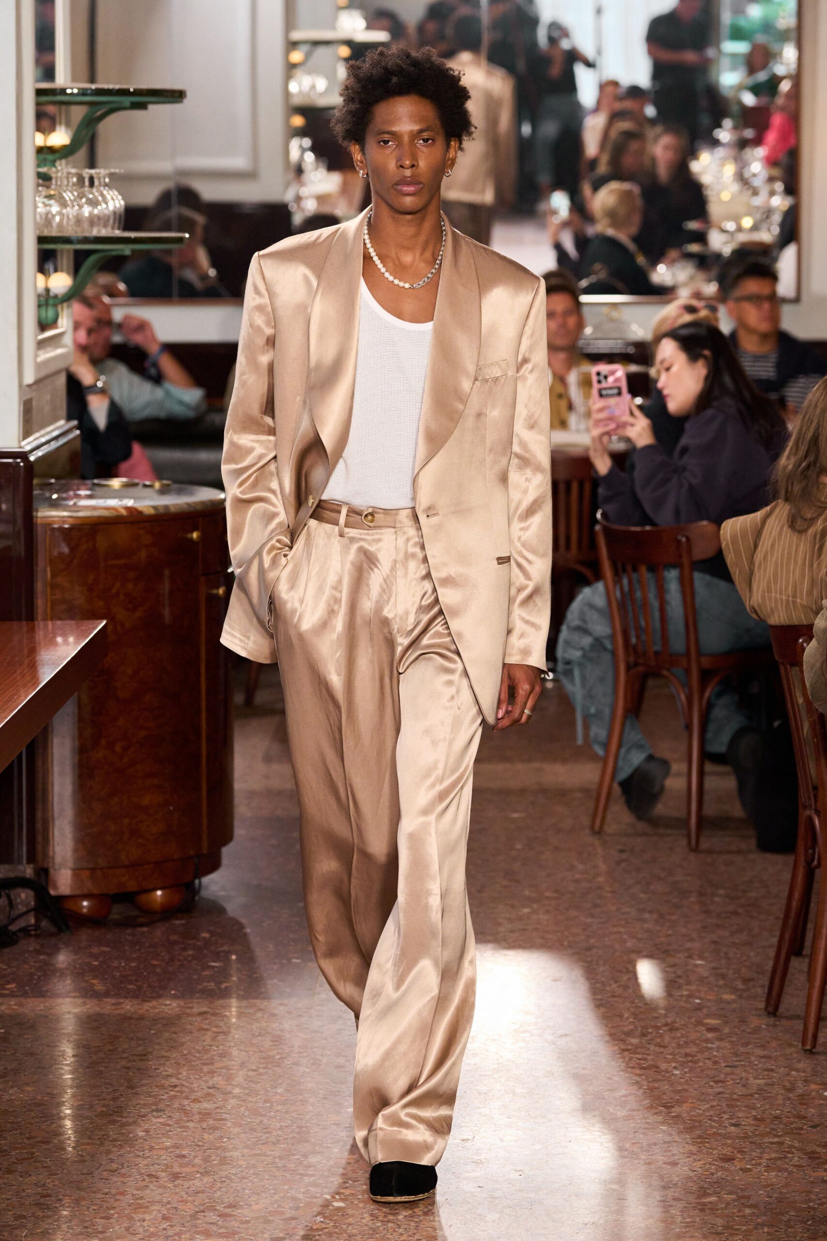 beige satin long-sleeve collared tailored buttoned shiny suit