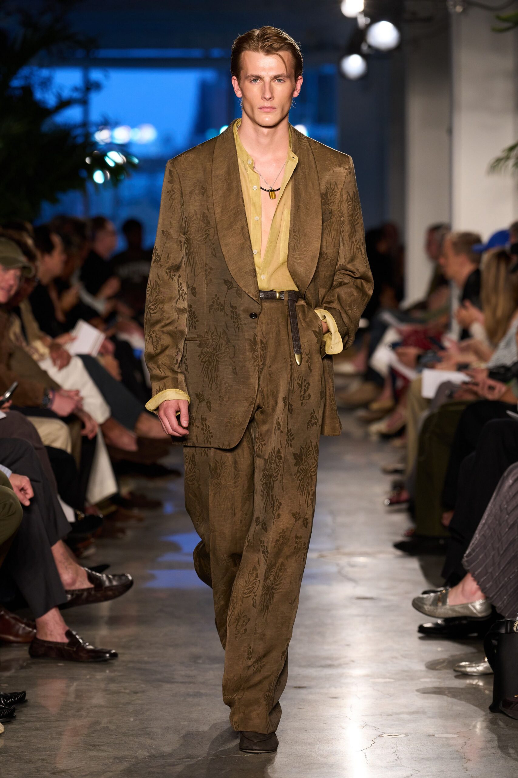 brown tailored suit with yellow shirt