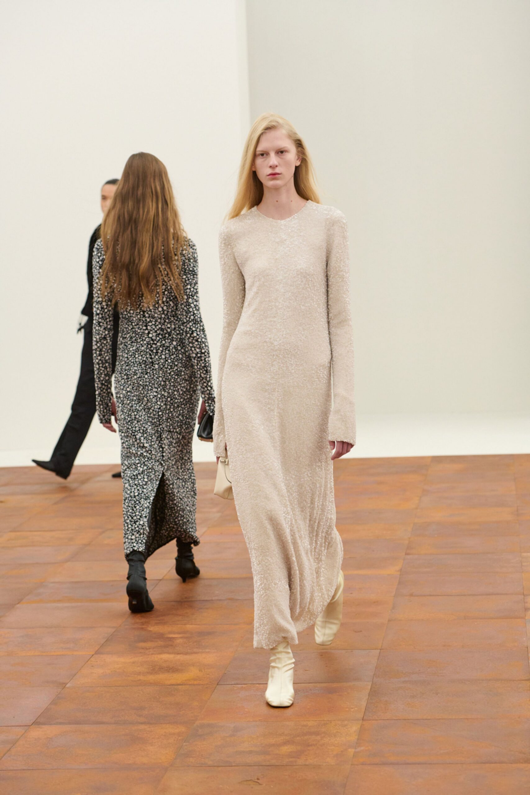 beige silk long-sleeve scoop-neck fitted textured flowing gown