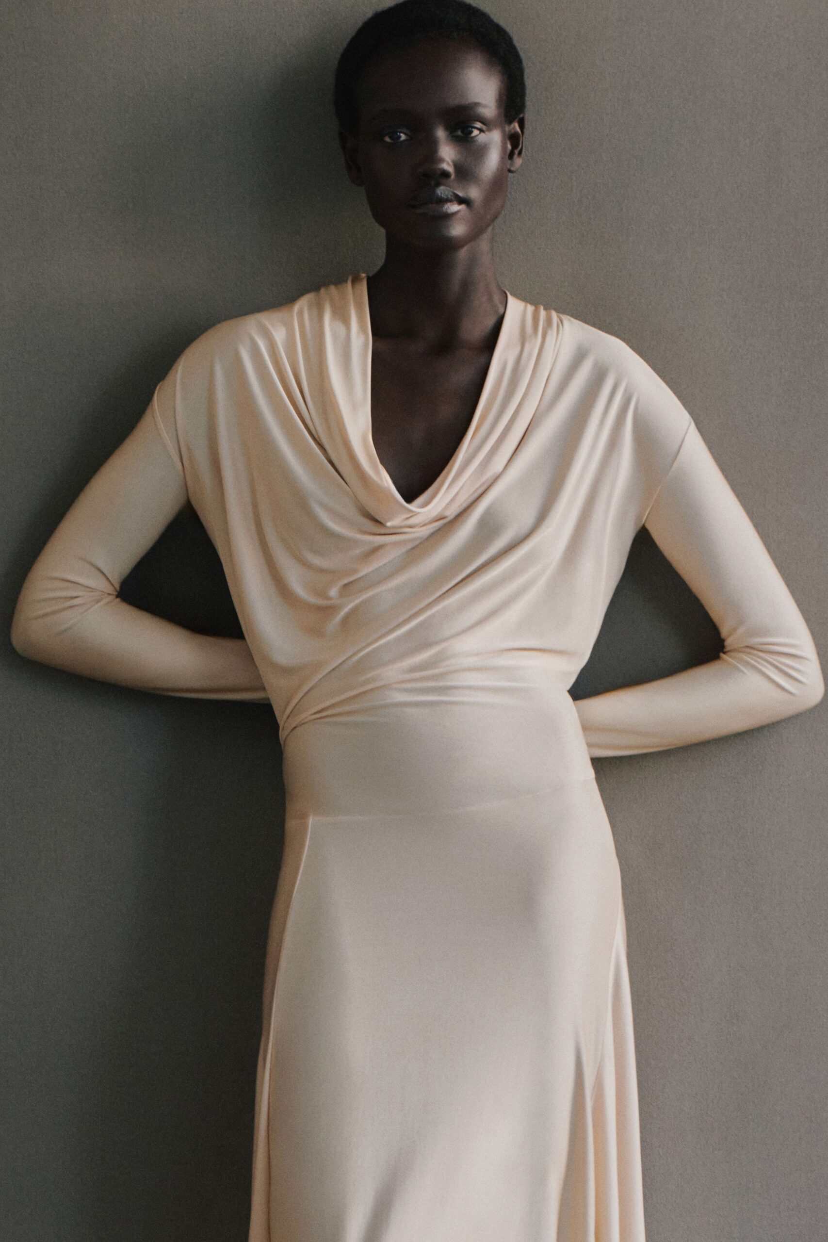 beige silk fitted gown