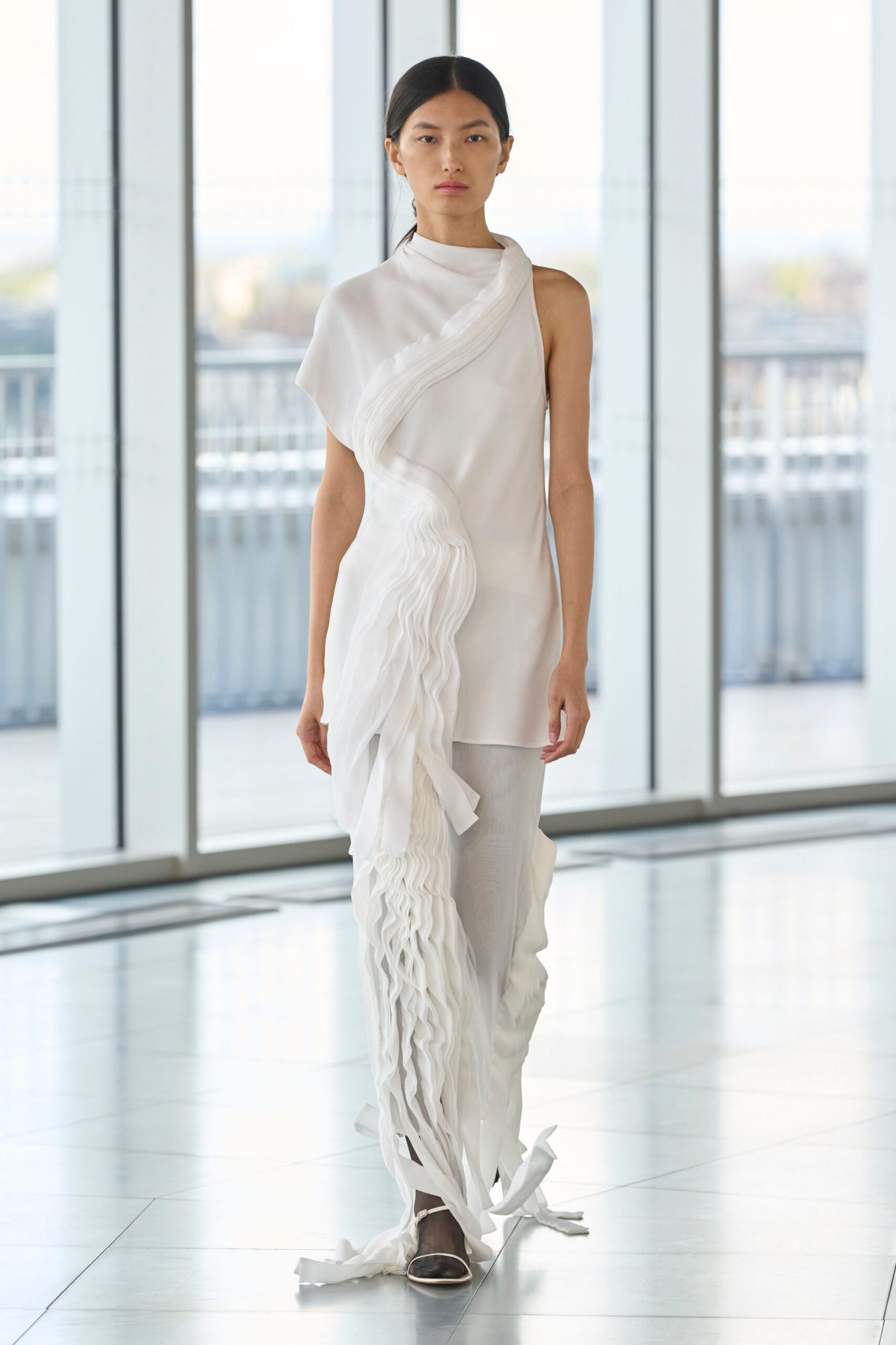 white silk sleeveless high-neck fitted draped layered dress