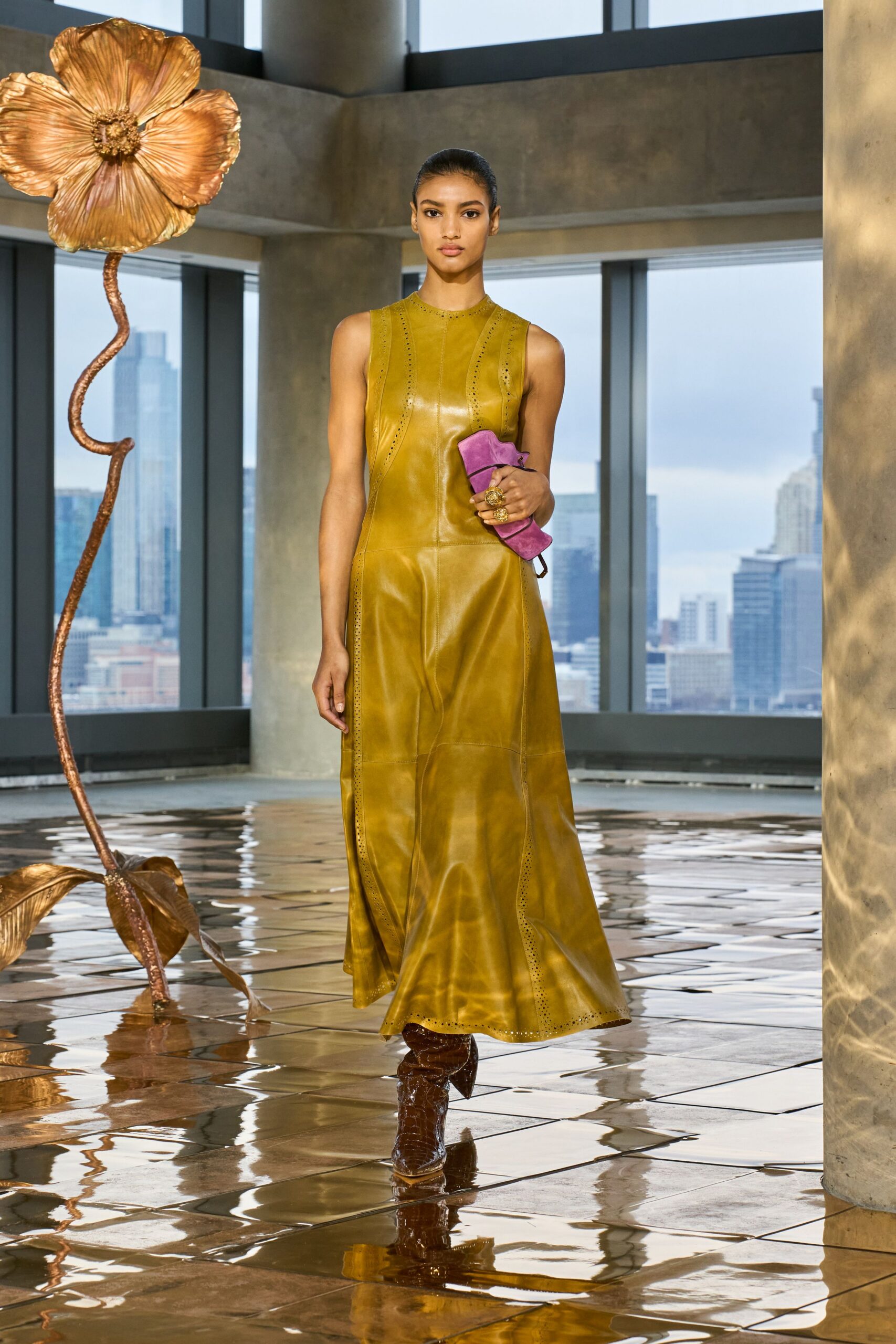 yellow leather sleeveless high-neck fitted pleated maxi dress