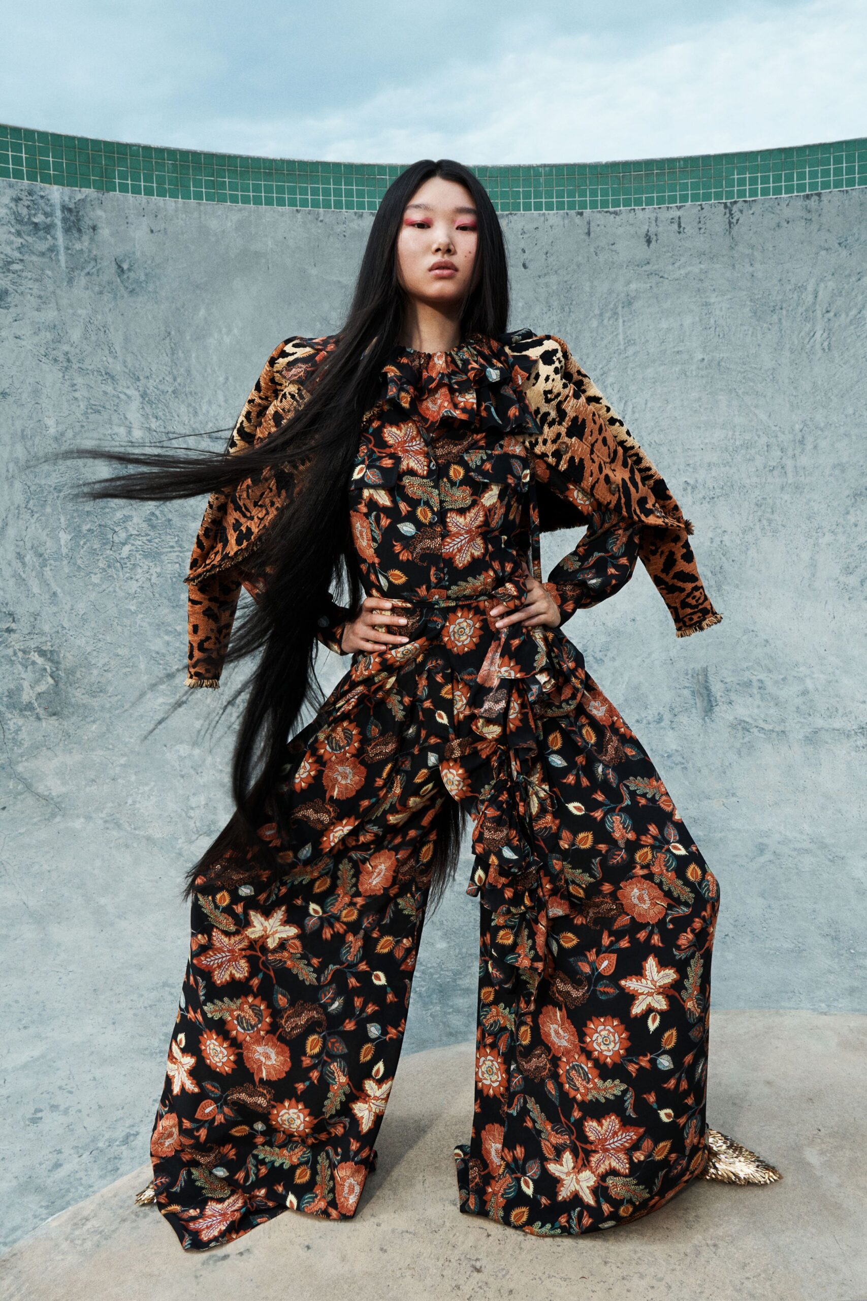 brown jacquard open-front long-sleeve structured animal-print fringed jacket