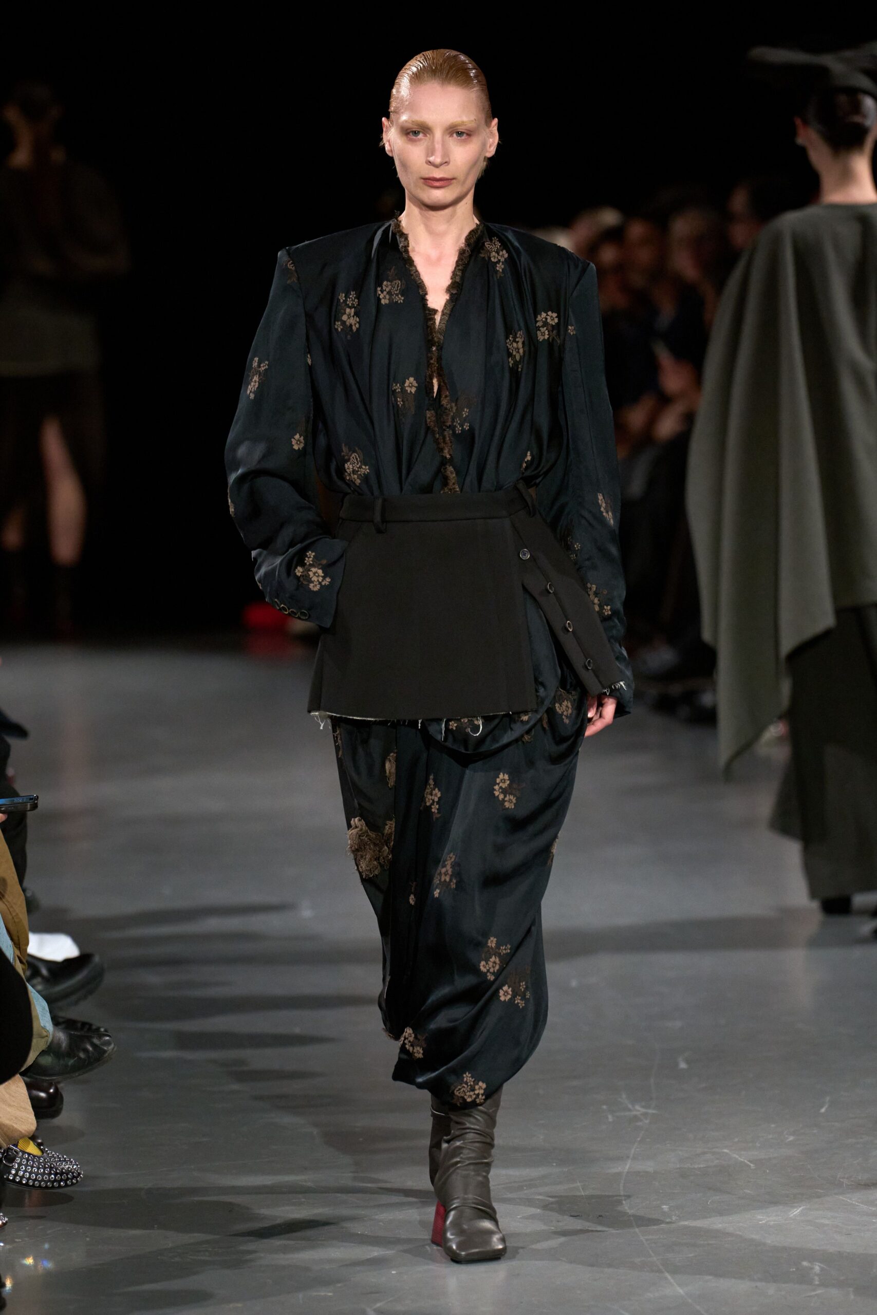 black silk long-sleeve v-neck relaxed embroidered draped dress