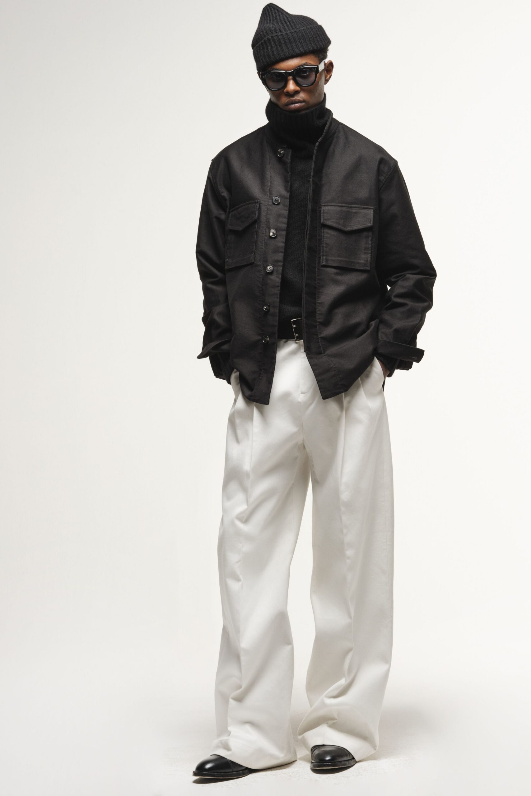 black jacket white pants outfit