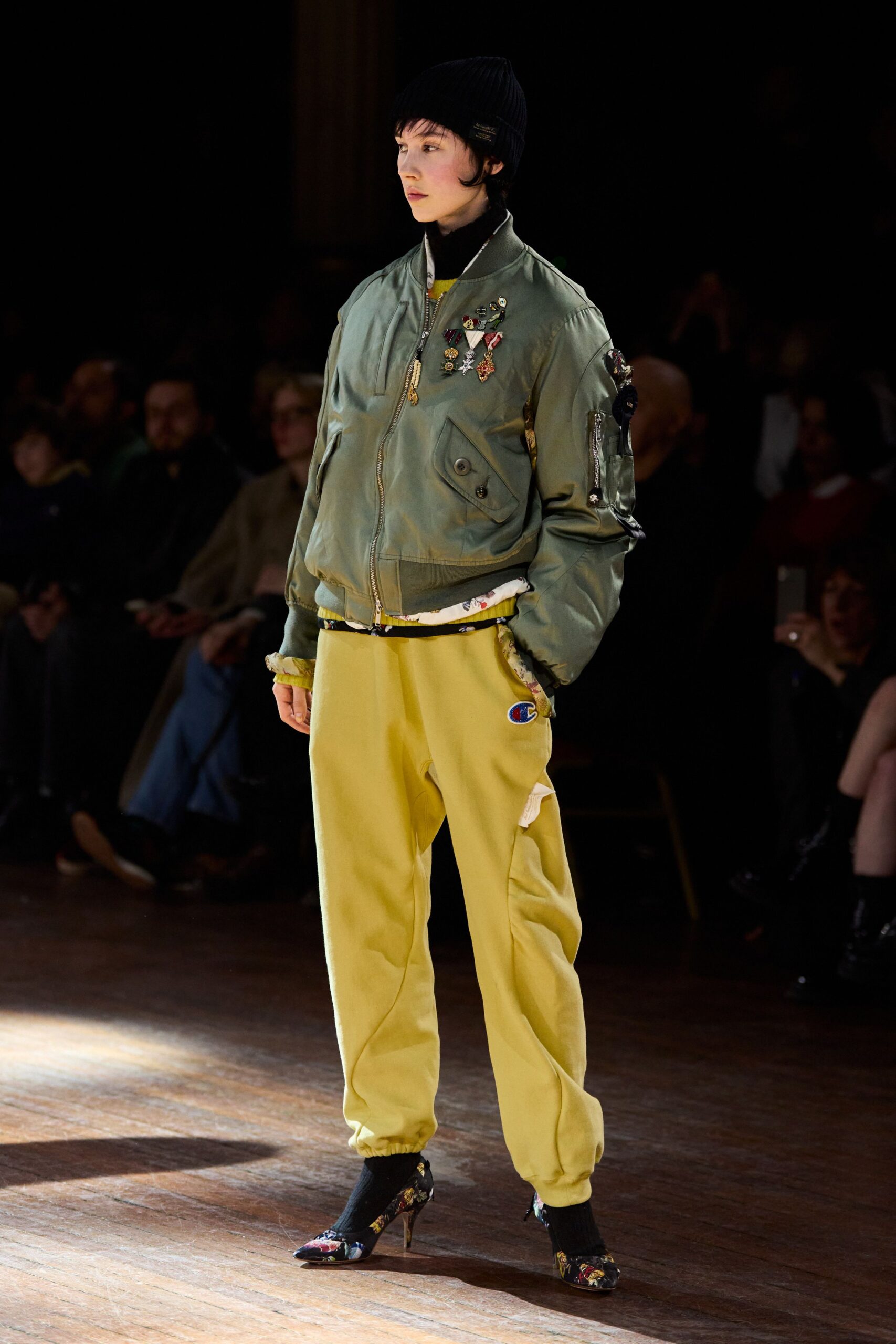 green relaxed jacket with yellow pants