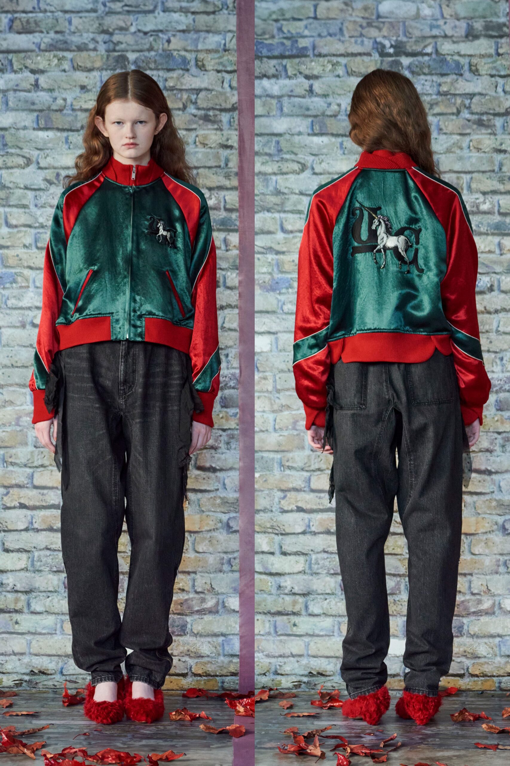 red silk long-sleeve collared relaxed zippered embroidered jacket
