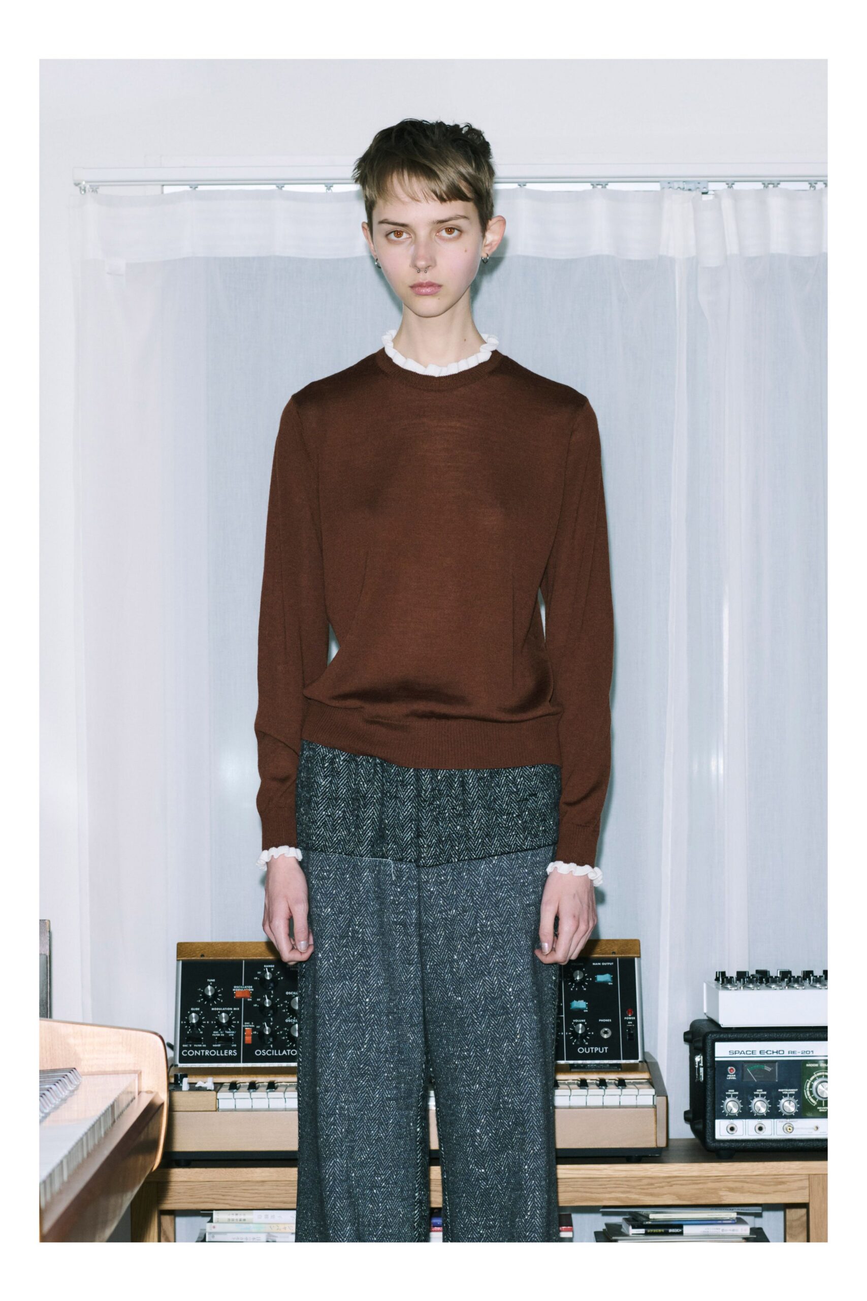 brown fitted sweater with gray pants
