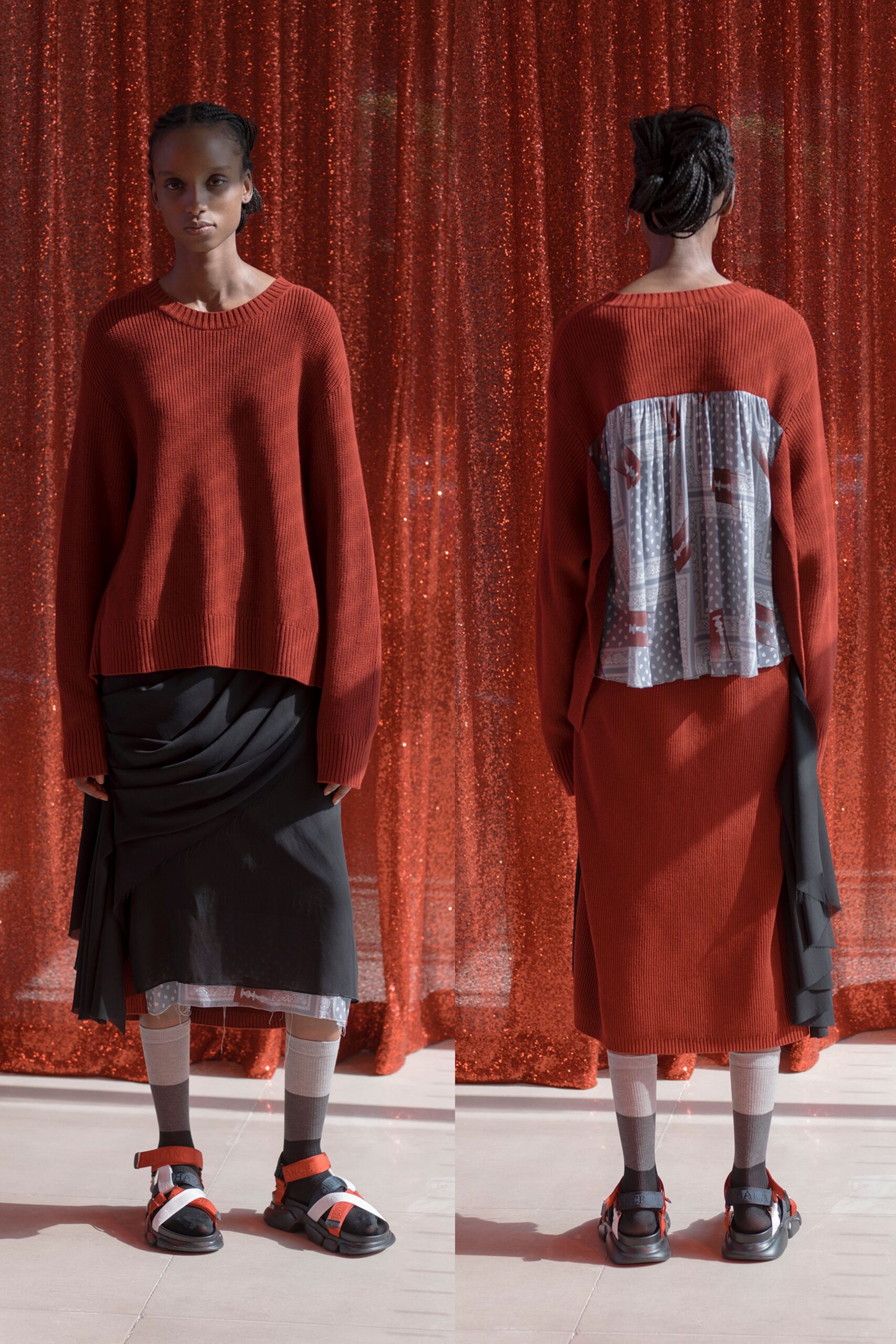 oversized red sweater with black skirt
