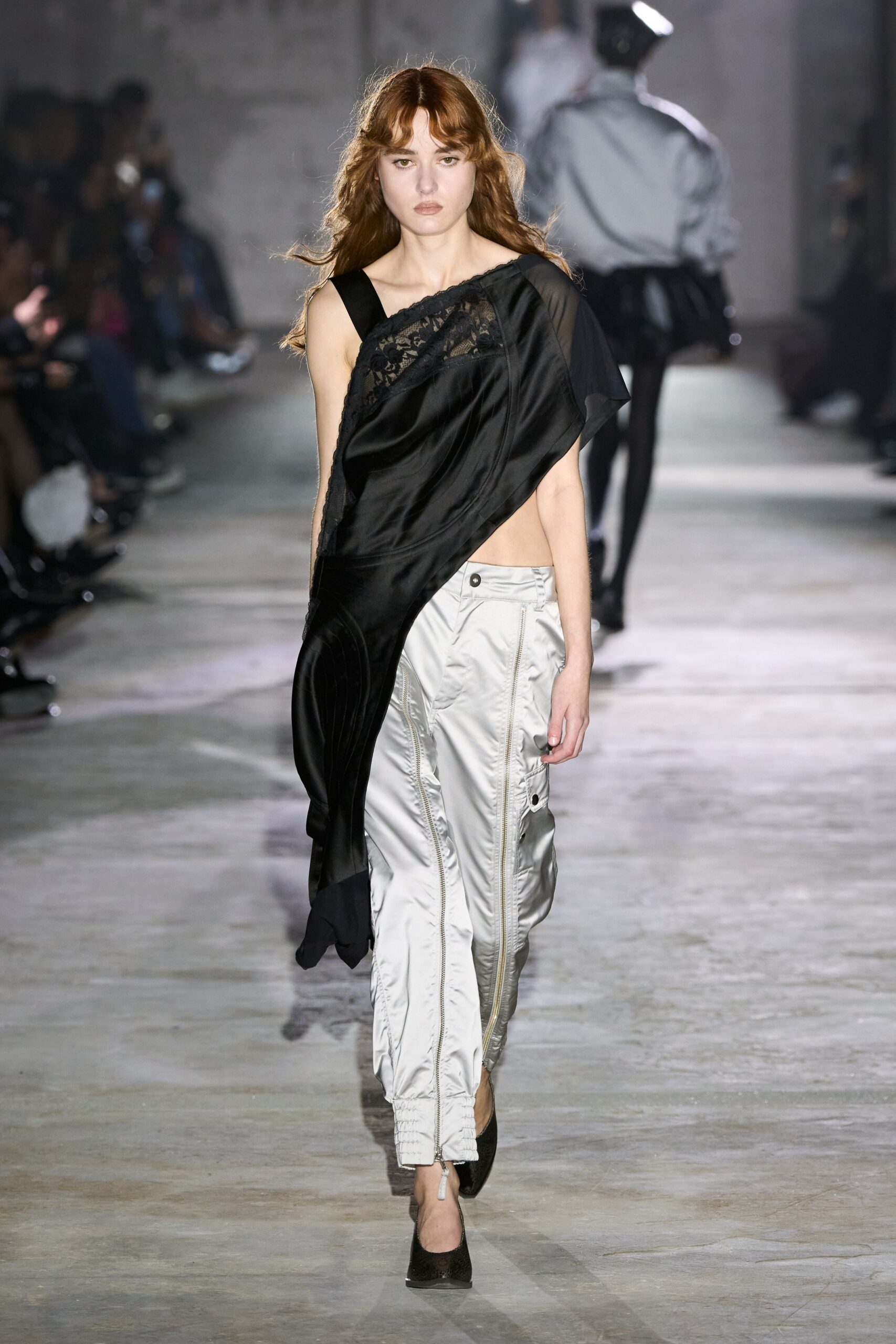 black silk sleeveless asymmetric fitted draped top