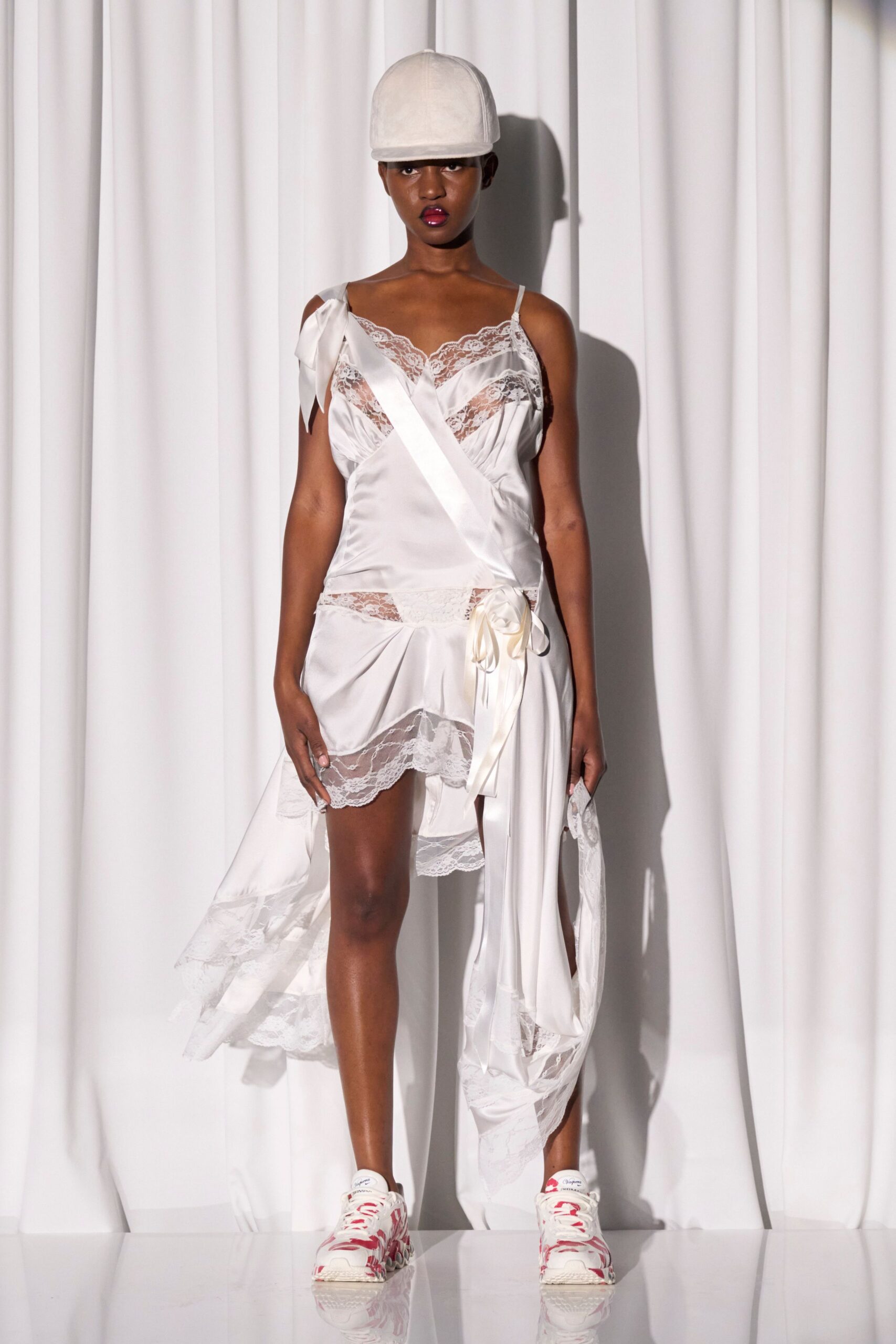 white silk sleeveless v-neck fitted layered ruffled dress