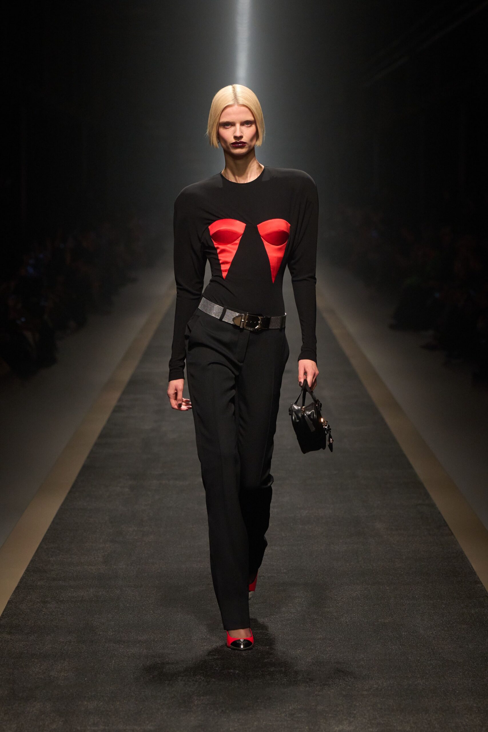 fitted black and red top with pants