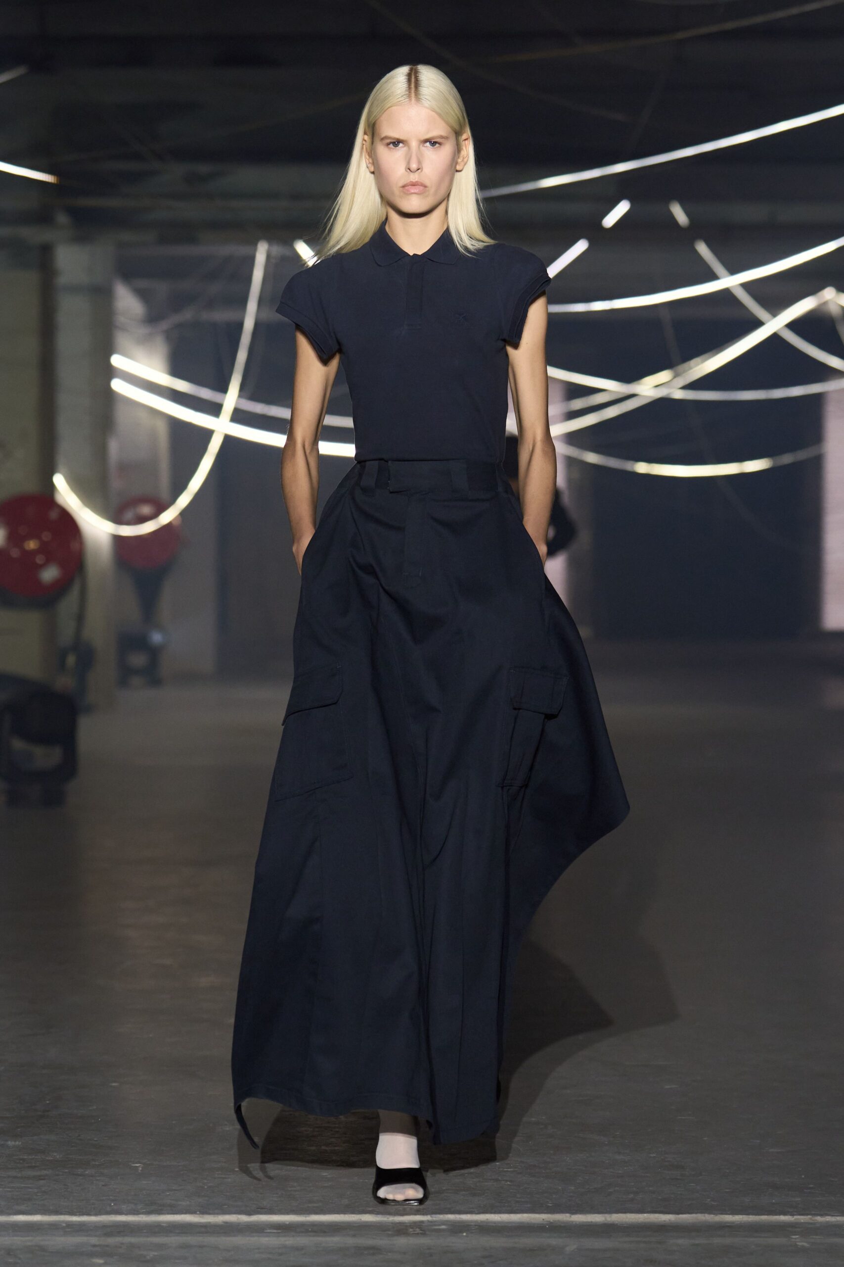 black fitted top and relaxed maxi skirt