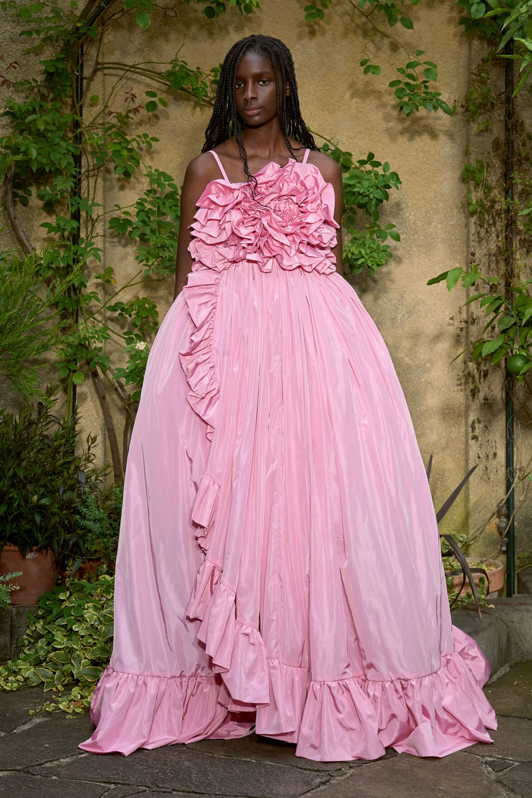 pink silk ruffled gown
