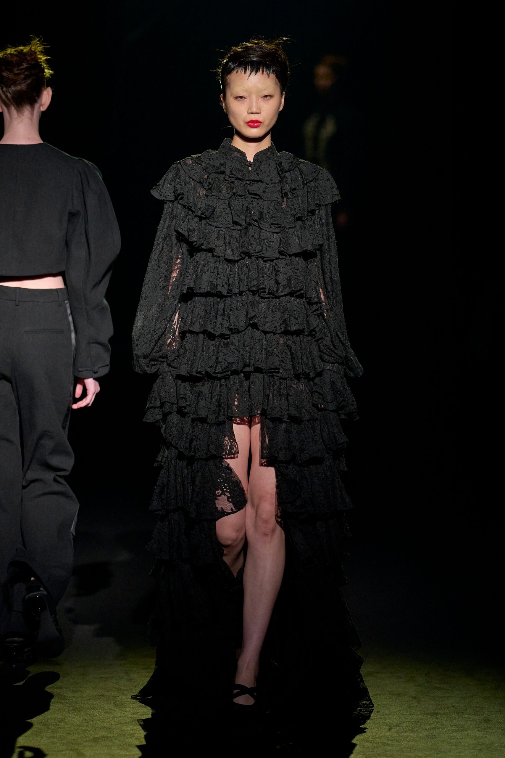 black lace ruffled gown