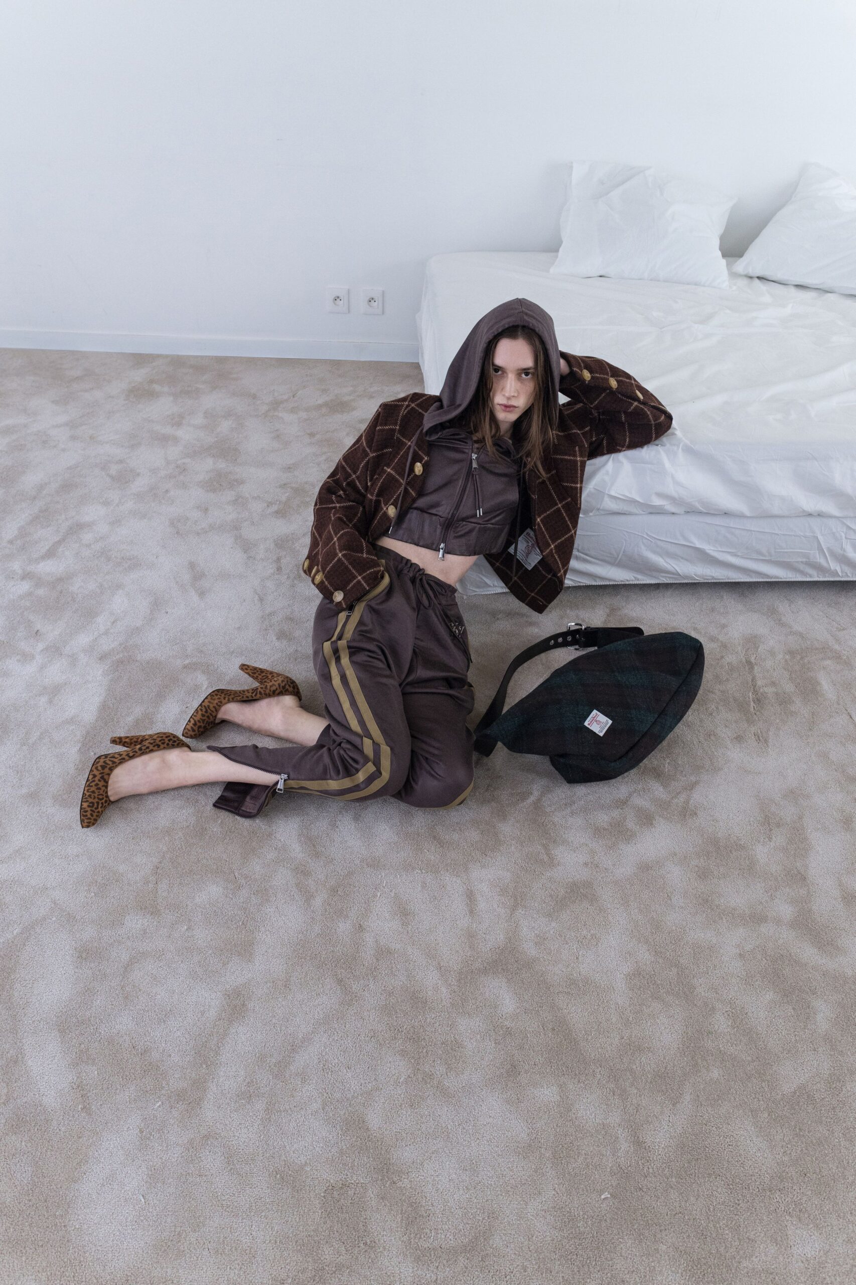 brown checked jacket with gray top