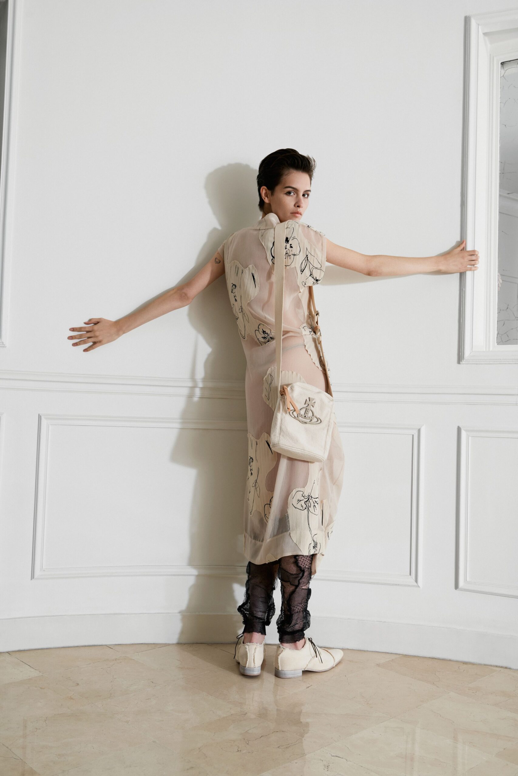 beige chiffon short-sleeve v-neck fitted embroidered dress