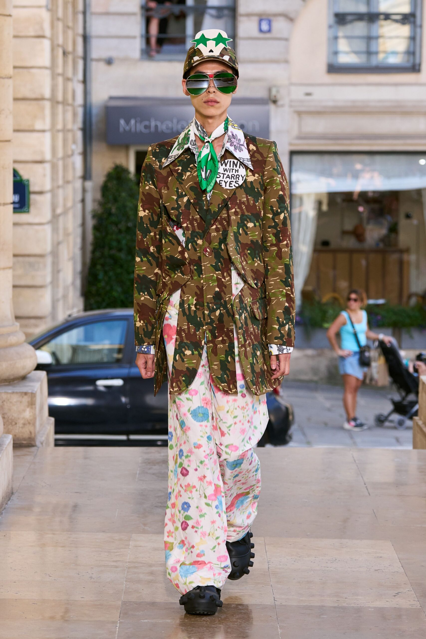 camouflage blazer with printed shirt